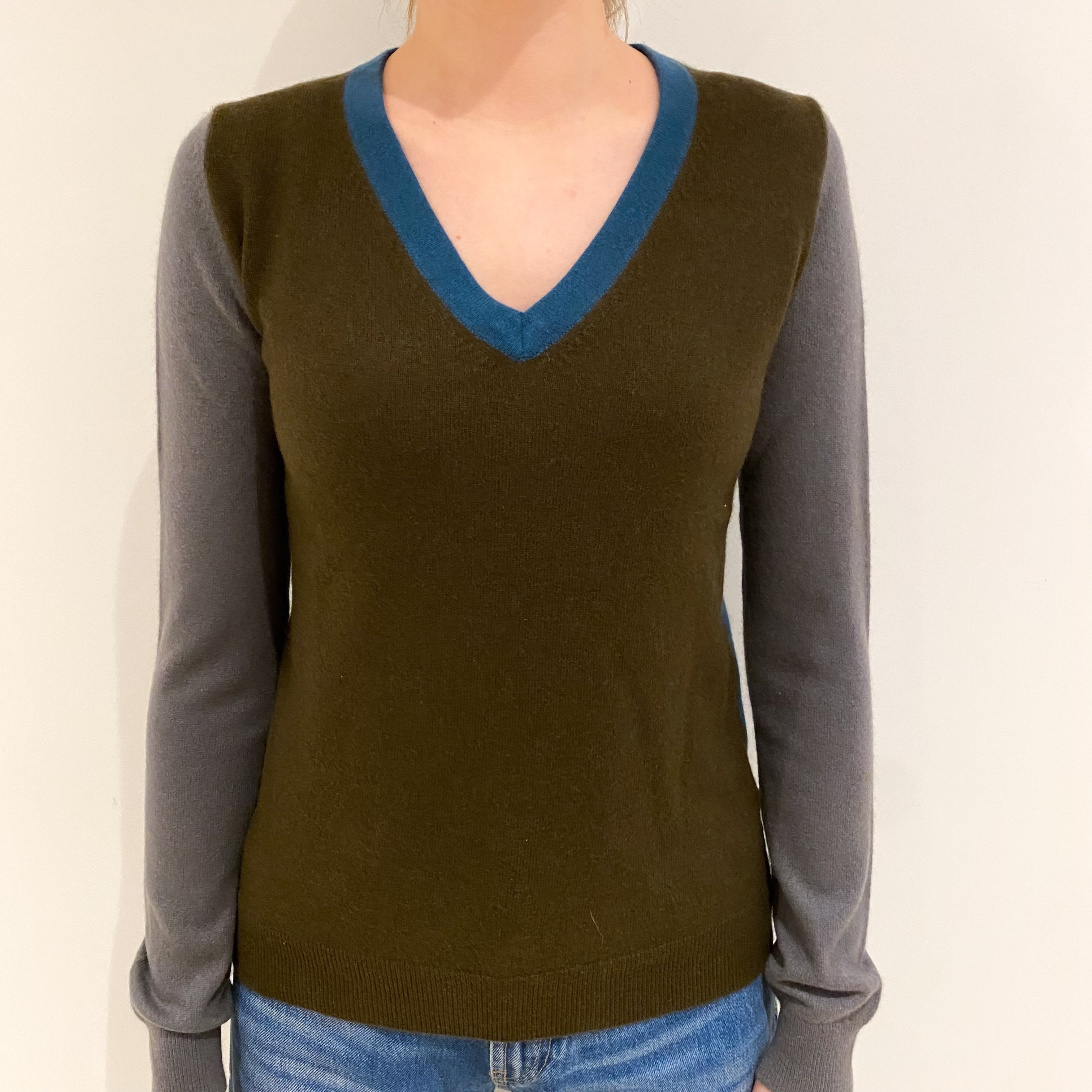 Khaki Grey and Petrol Blue Cashmere V Neck Jumper Extra Small