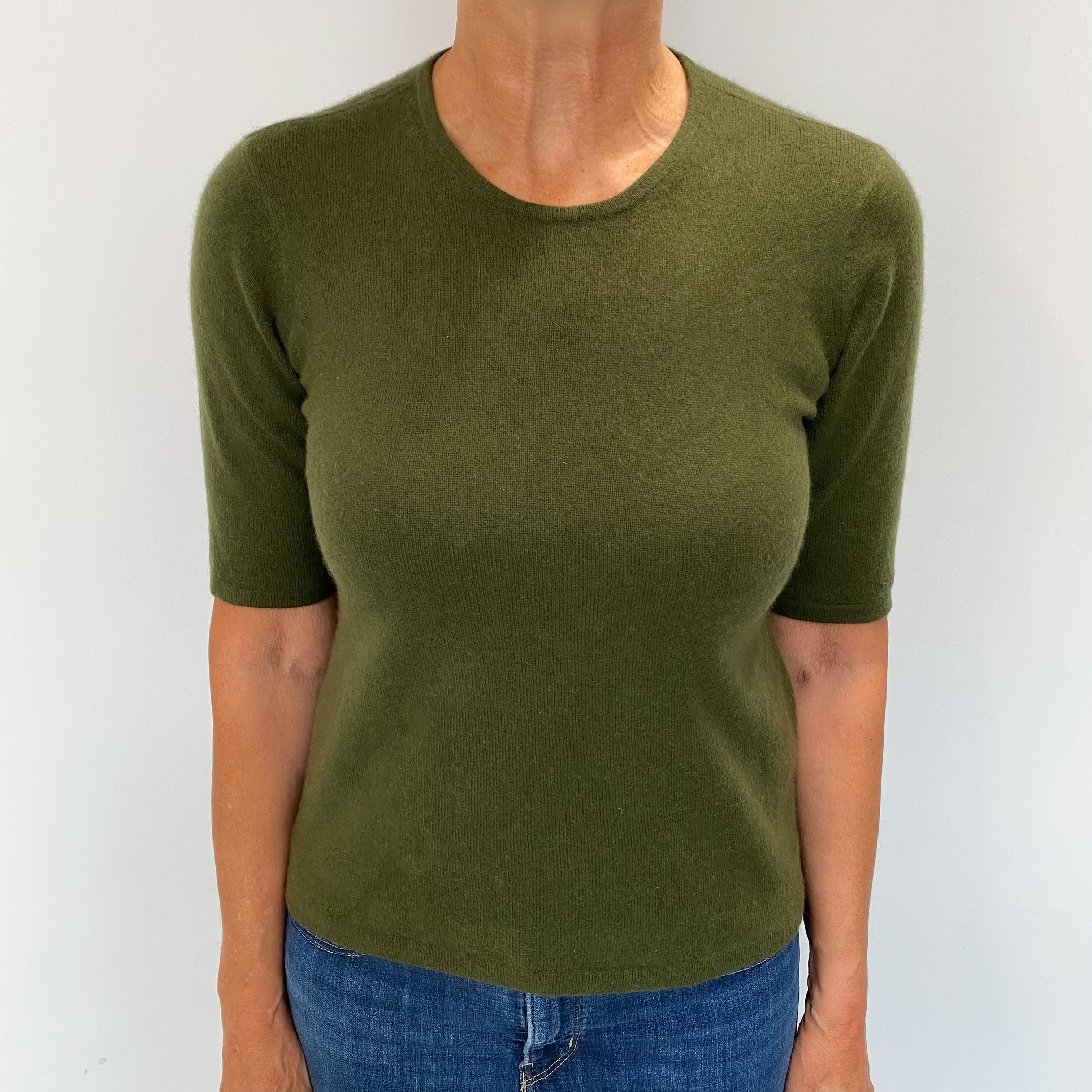 Dark Khaki Green Cashmere Short Sleeved Scoop Neck Jumper Medium