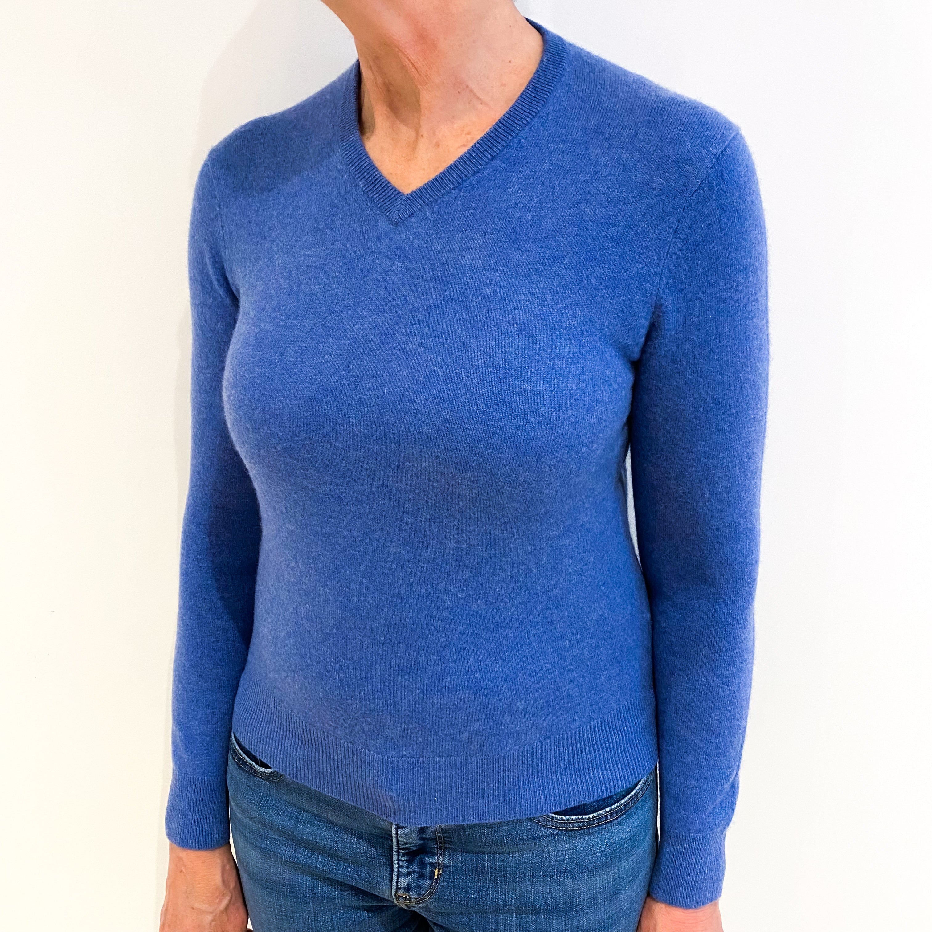 Tanzanite Blue Cashmere V Neck Jumper Medium