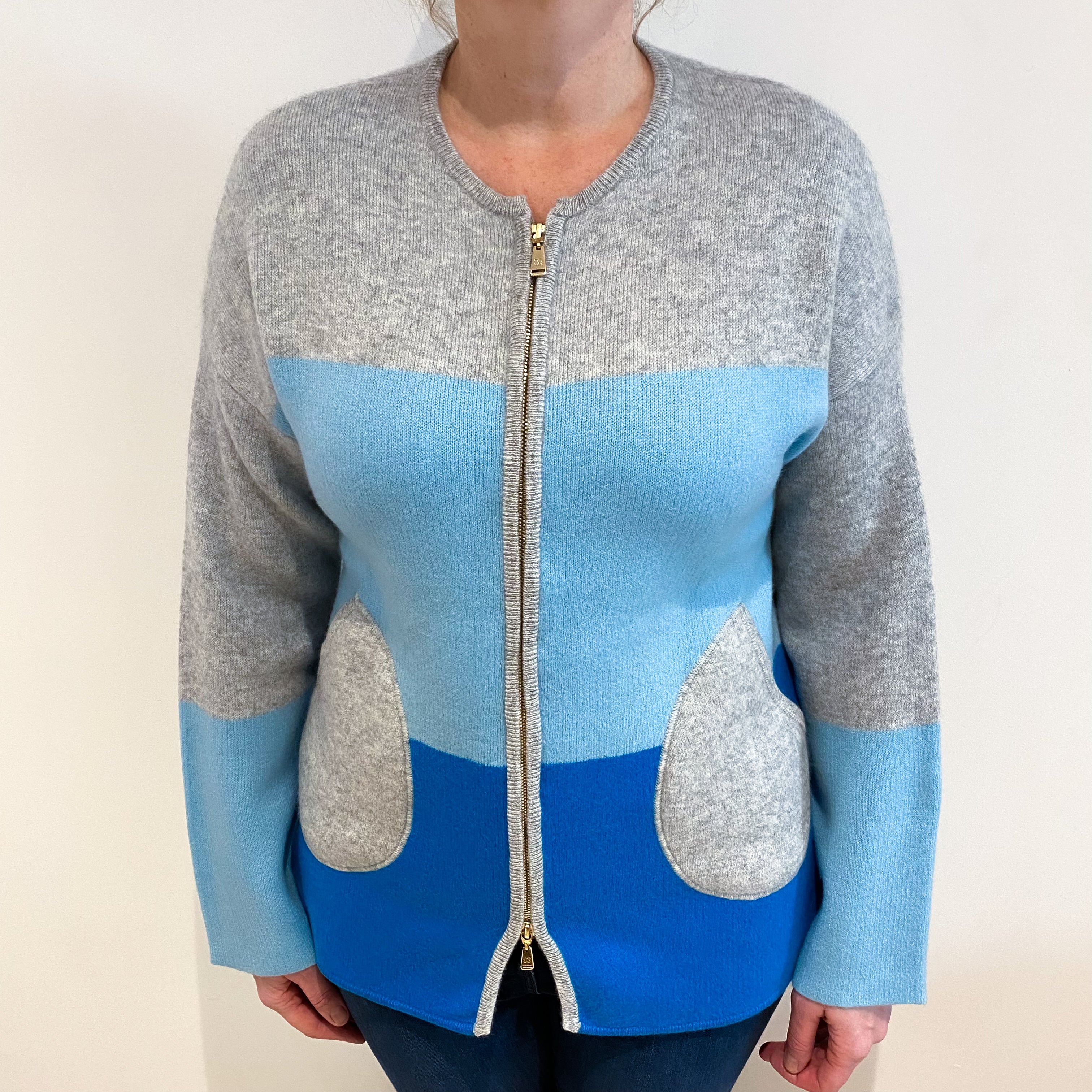 Blue and Grey Chunky Colour Block Cashmere Zip Up Cardigan Large