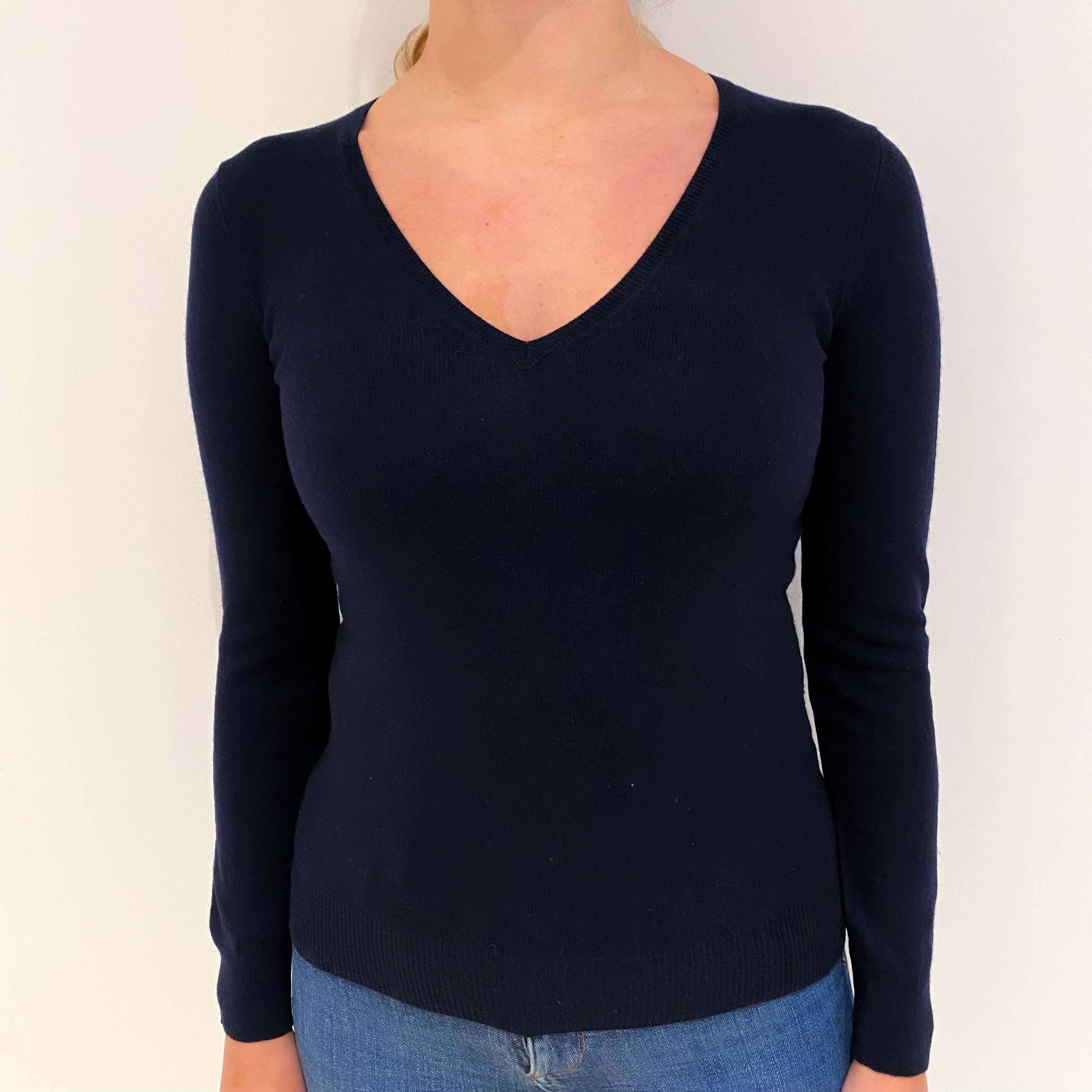 Navy Blue Cashmere V Neck Jumper Small