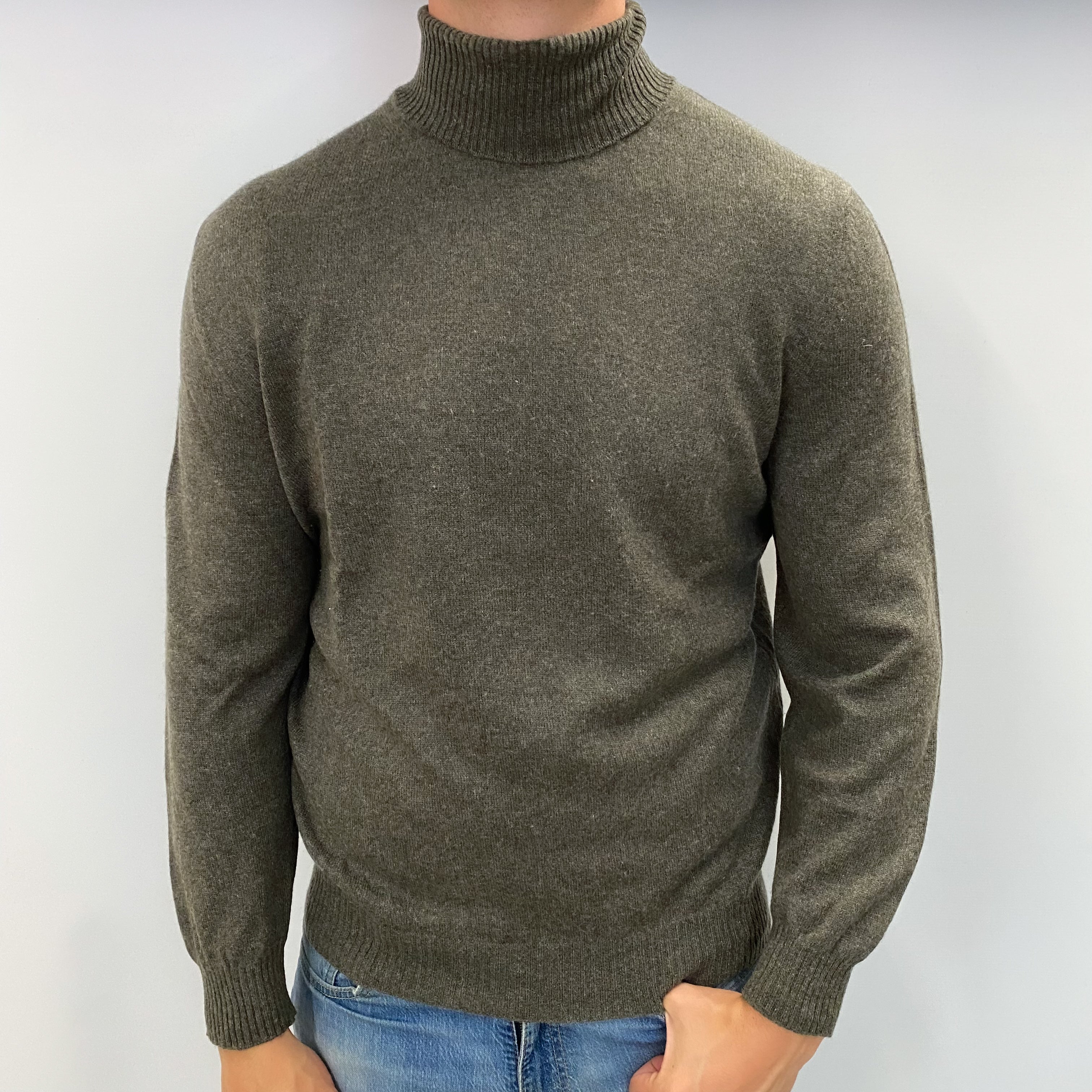 Men's Italian Deep Khaki Green Cashmere Polo Neck Jumper XL