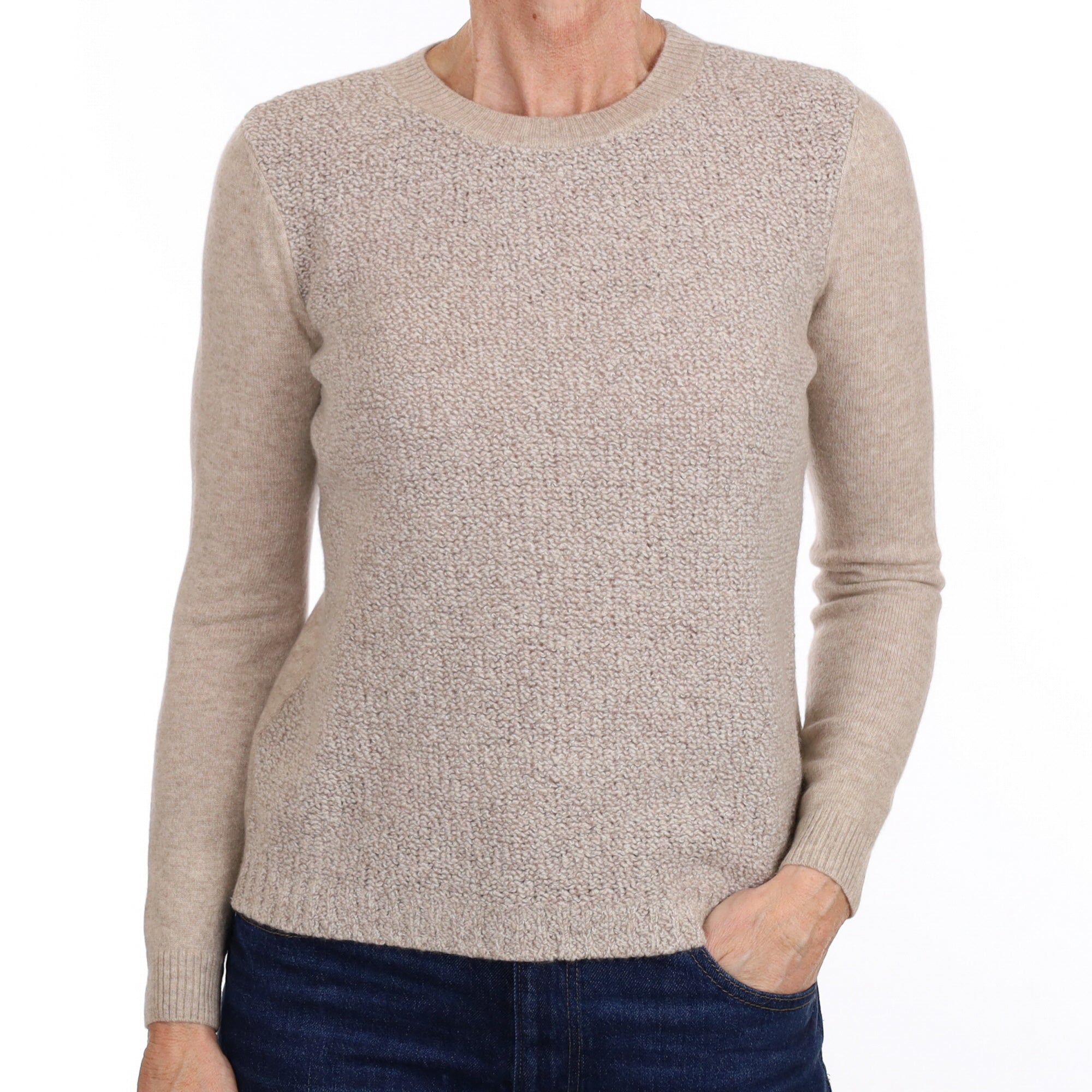 Oatmeal Beige Fleece Knit Cashmere Crew Neck Jumper Small