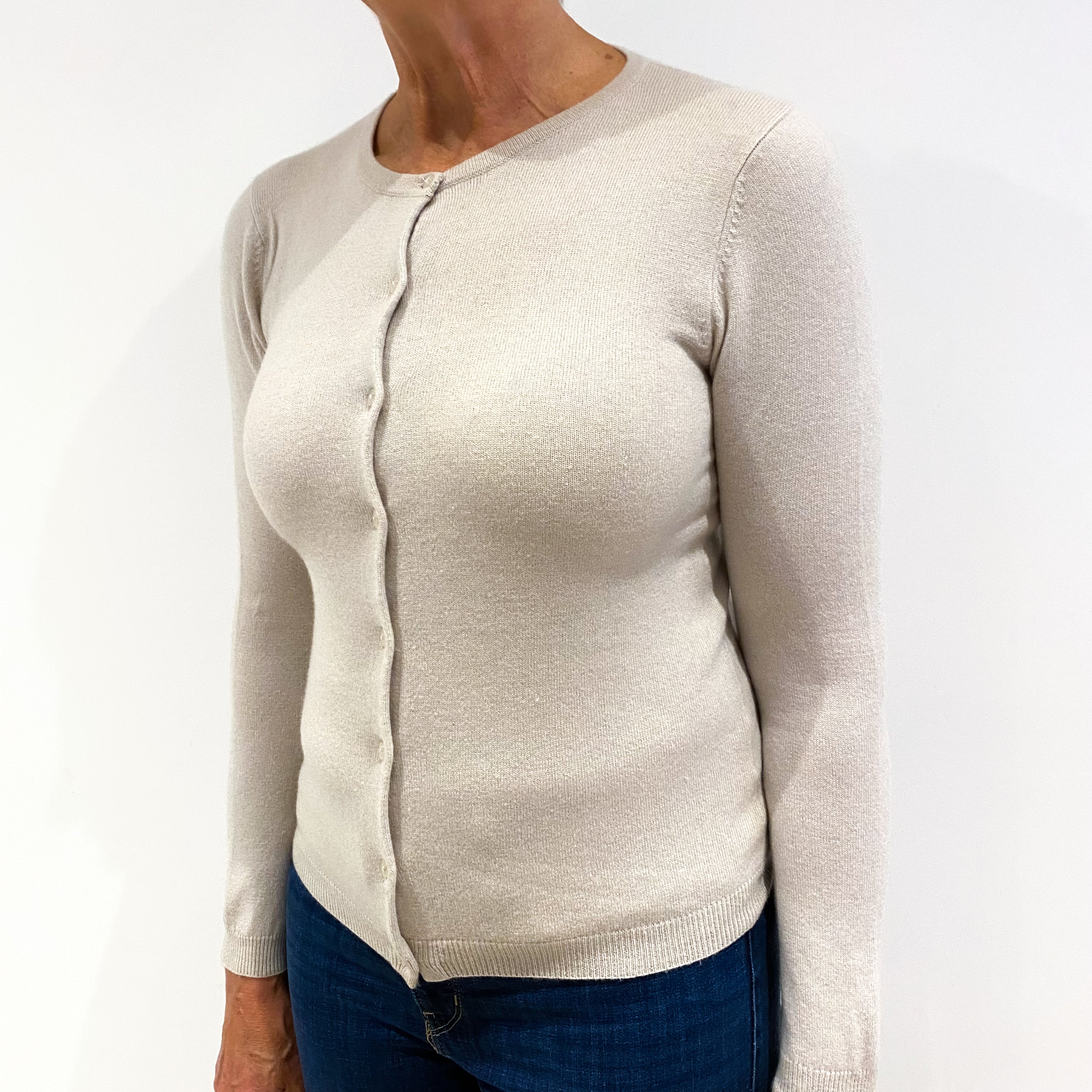 Oatmeal Cashmere Crew Neck Cardigan Medium