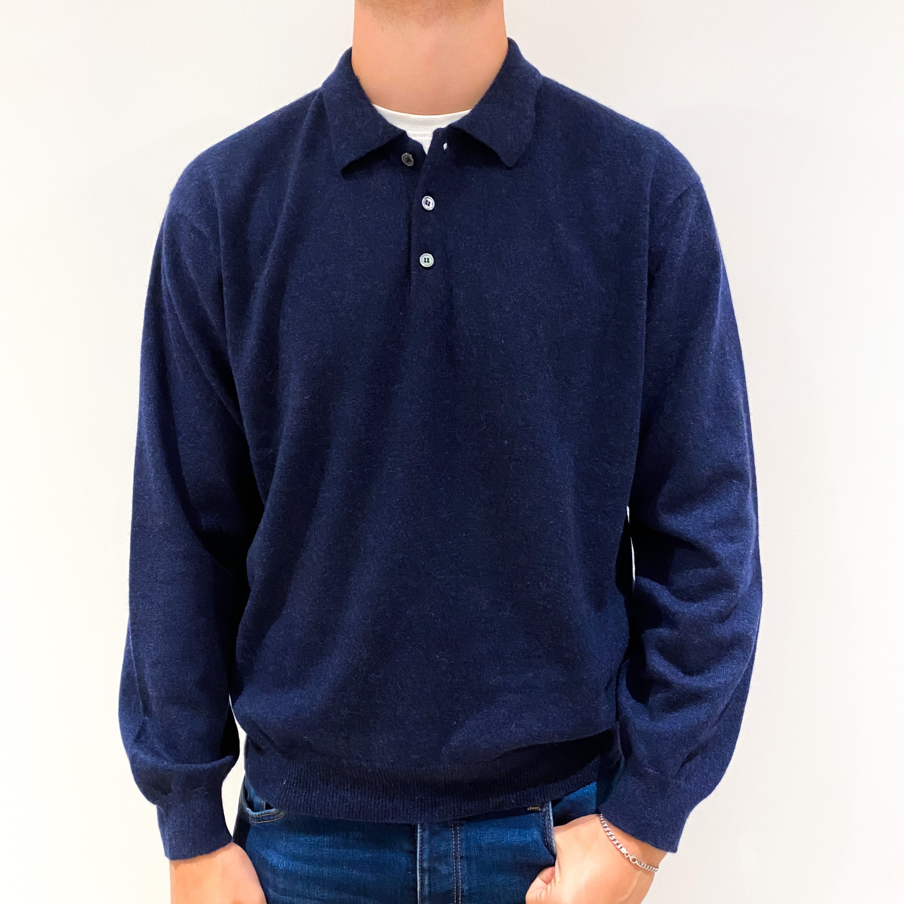 Men's Navy Blue Cashmere Collared 1/4 Button Jumper Extra Extra Large