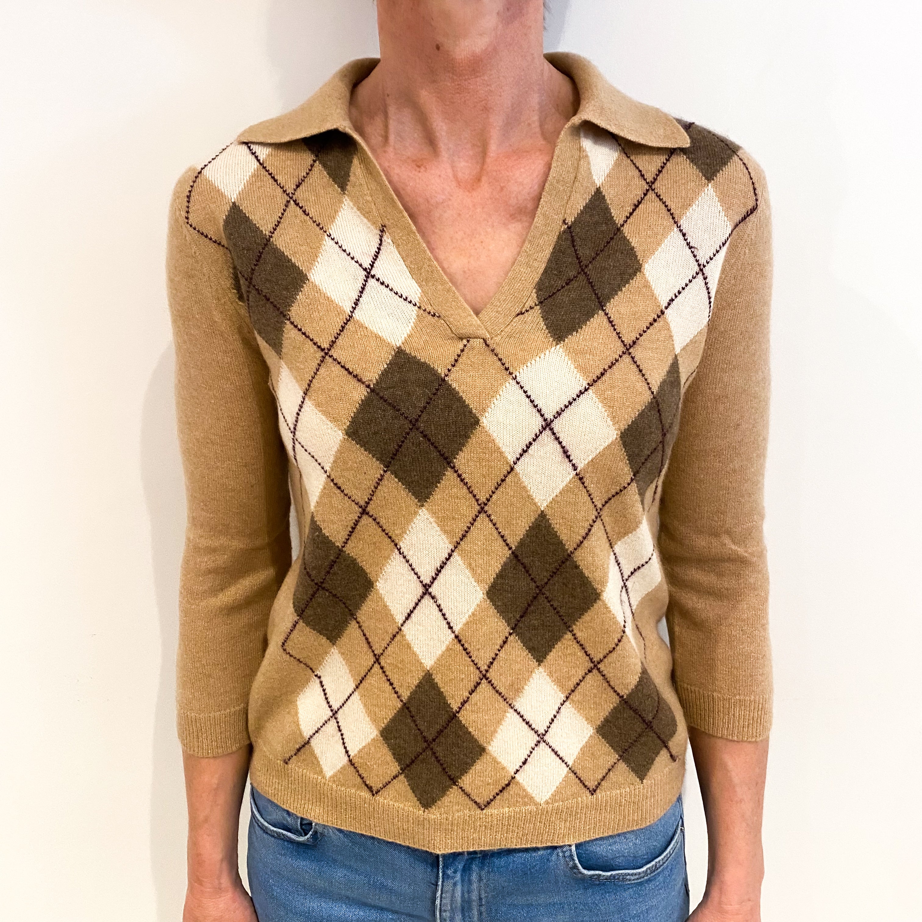 Caramel Brown Argyle Cashmere Collared V Neck Jumper Small