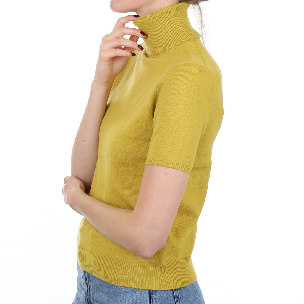 Lichen Yellow Cashmere Short Sleeve Polo Neck Jumper Small
