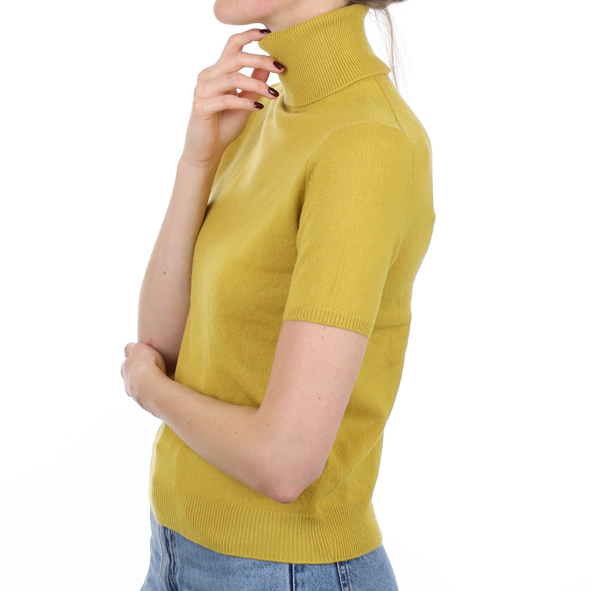 Lichen Yellow Cashmere Short Sleeve Polo Neck Jumper Small