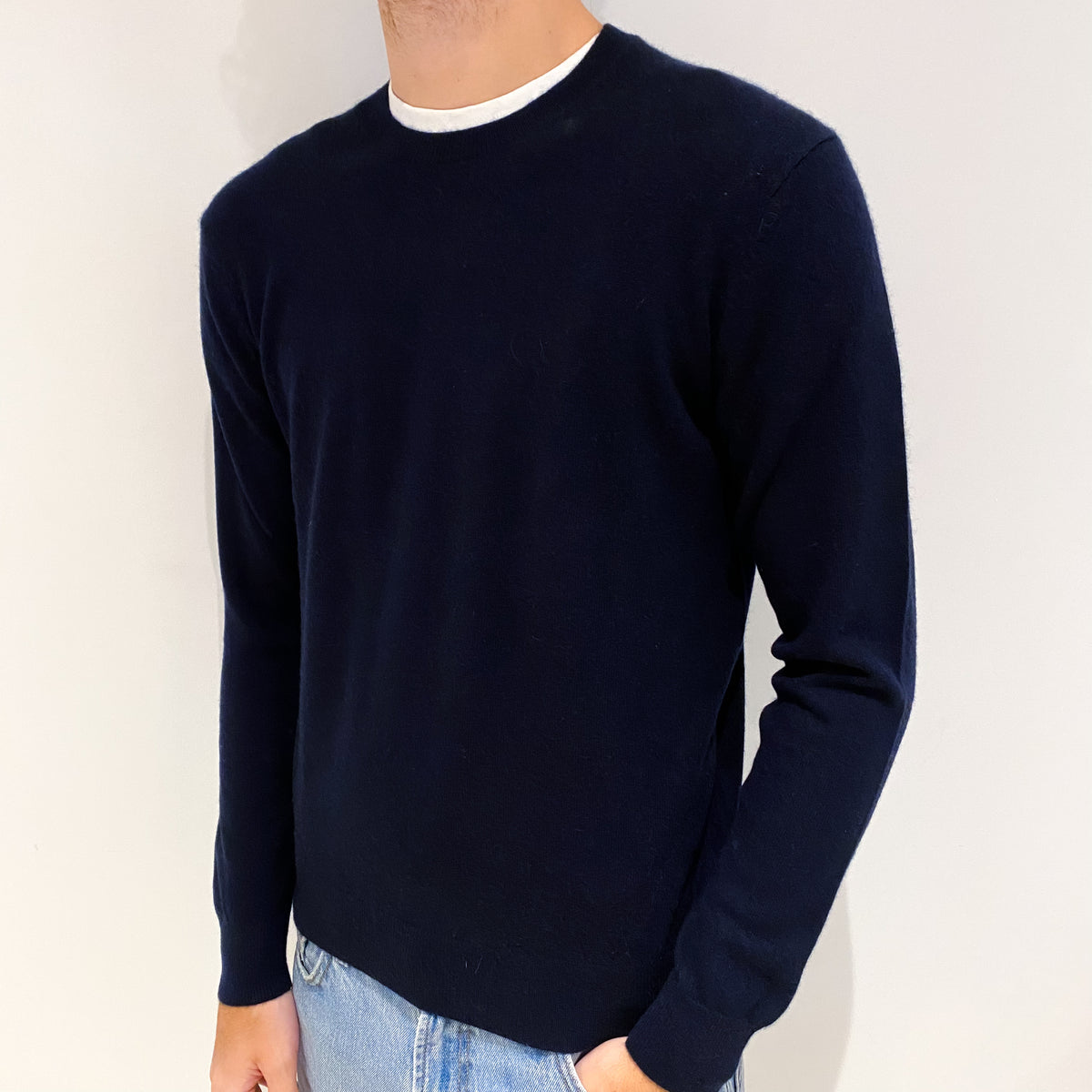 Men's Navy Blue Cashmere Crew Neck Jumper Large