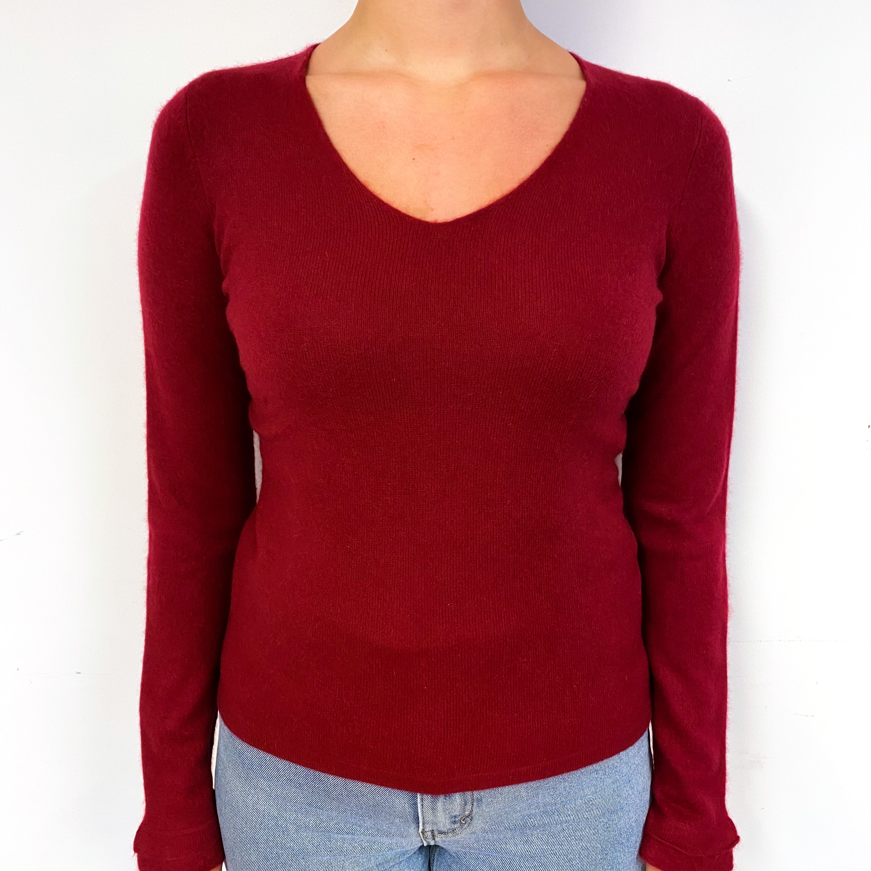 Burgundy Red Cashmere V-Neck Jumper Small