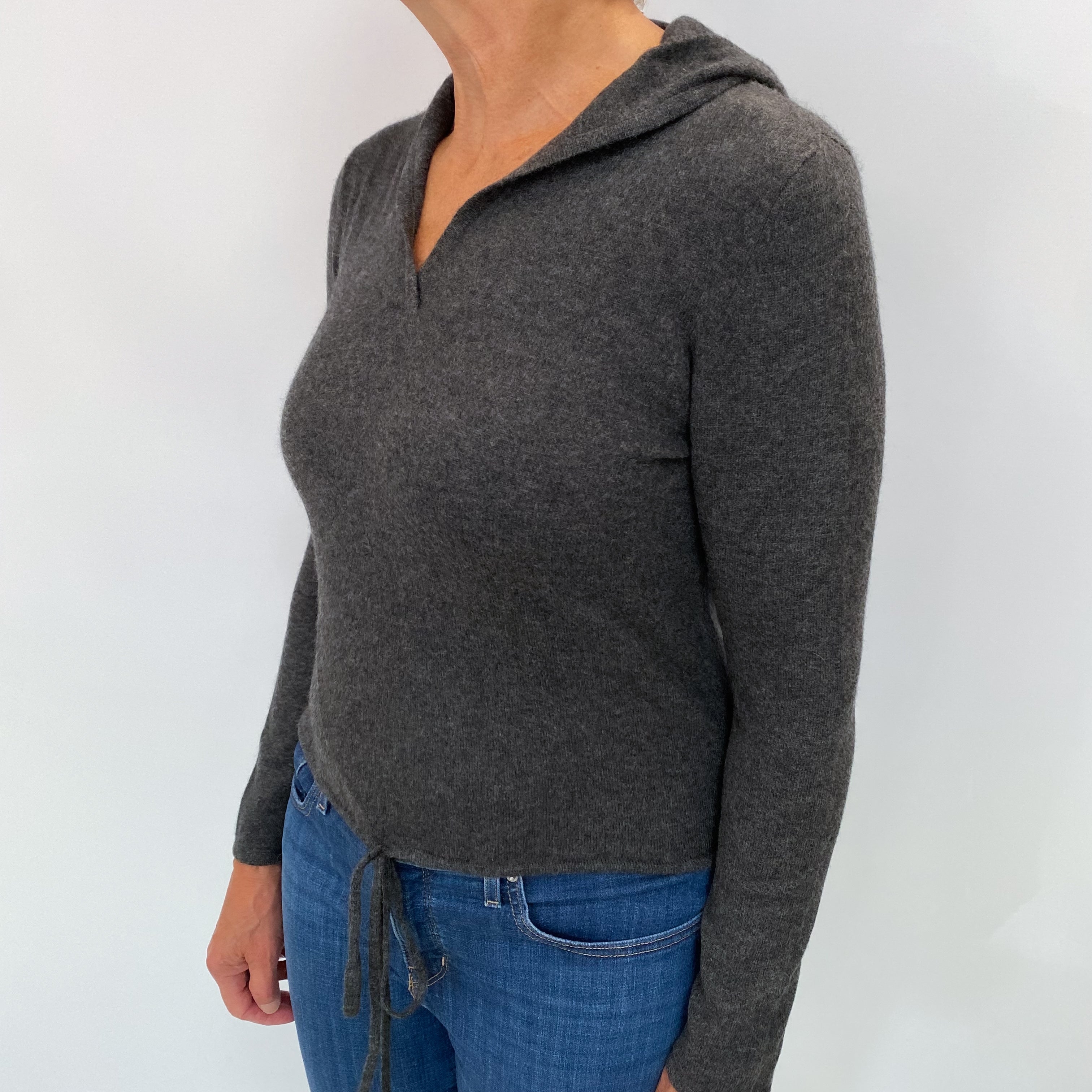 Charcoal Grey Cashmere V Neck Hooded Jumper Medium