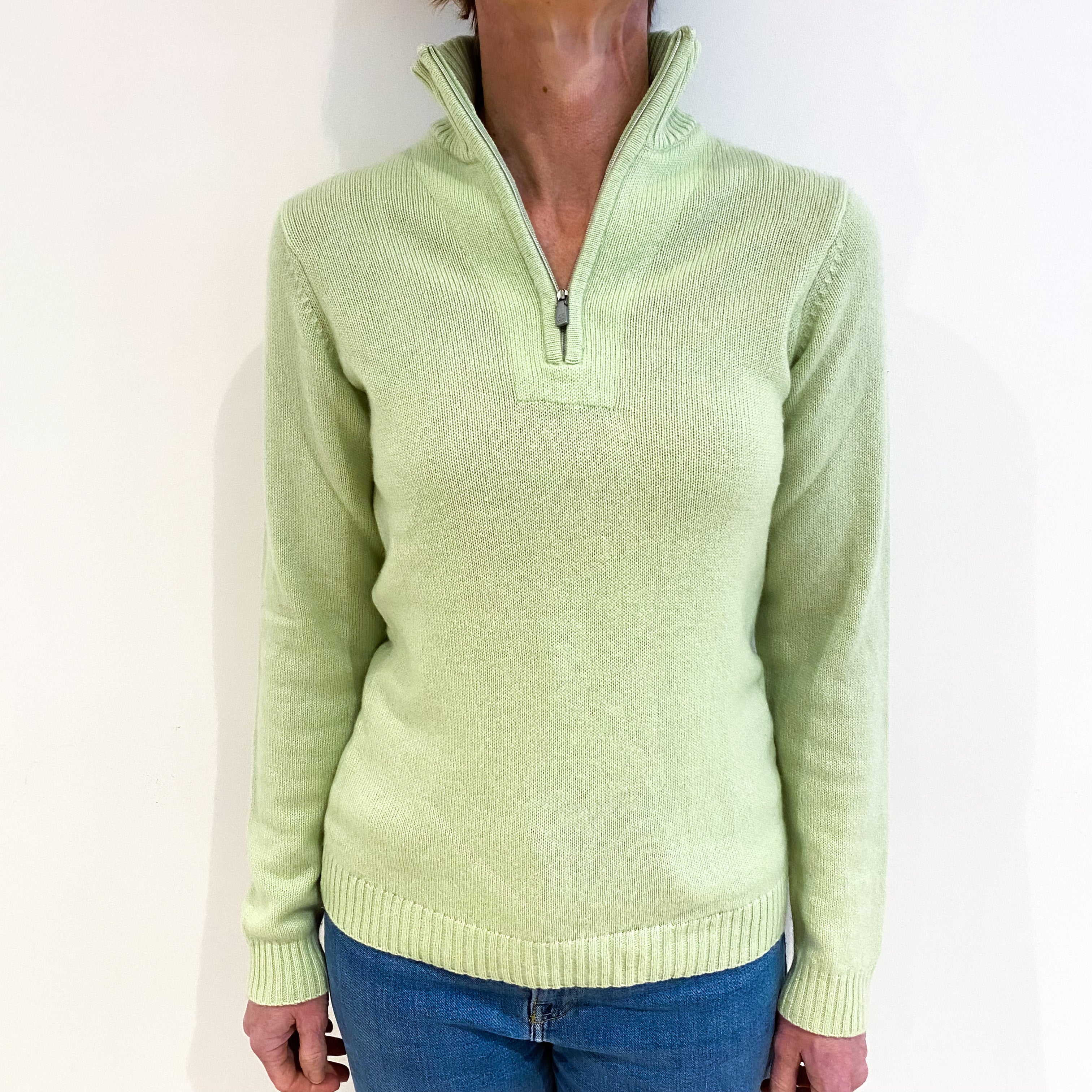 Soft Lime Green Cashmere 3/4 Zip Polo Neck Jumper Small