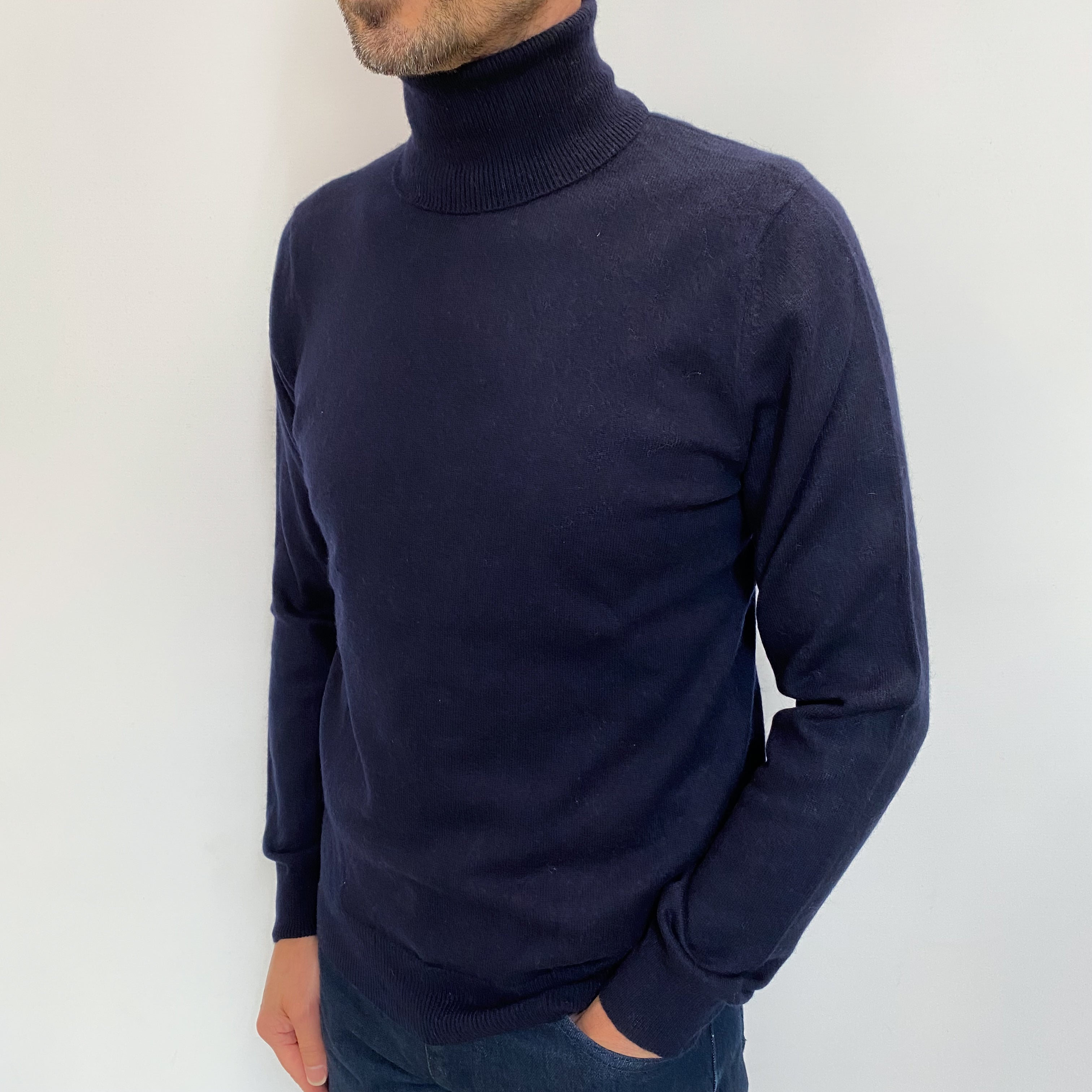 Men's Navy Blue Cashmere Polo Neck Jumper Small