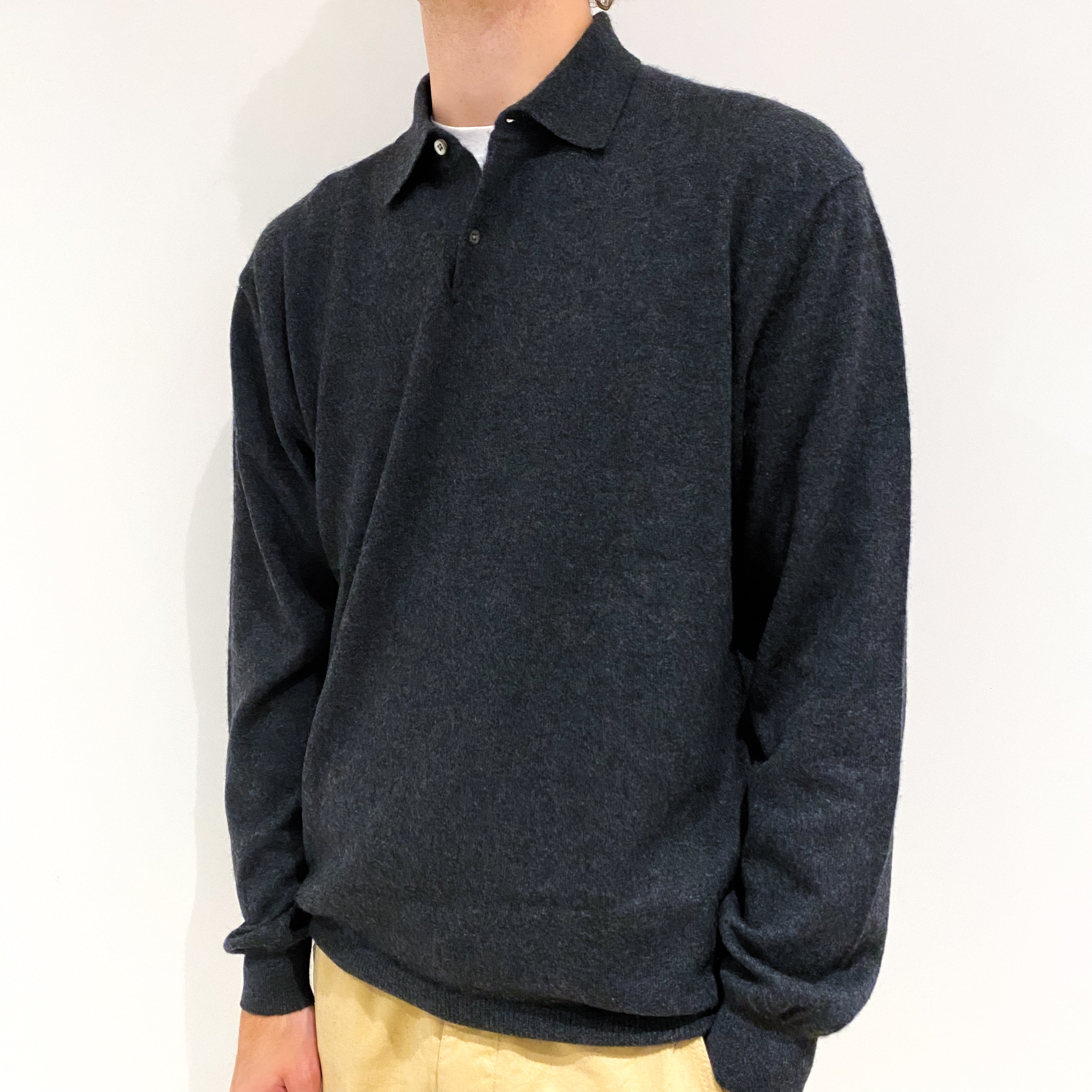 Men's Charcoal Grey Cashmere Collared 1/4 Button Jumper Large
