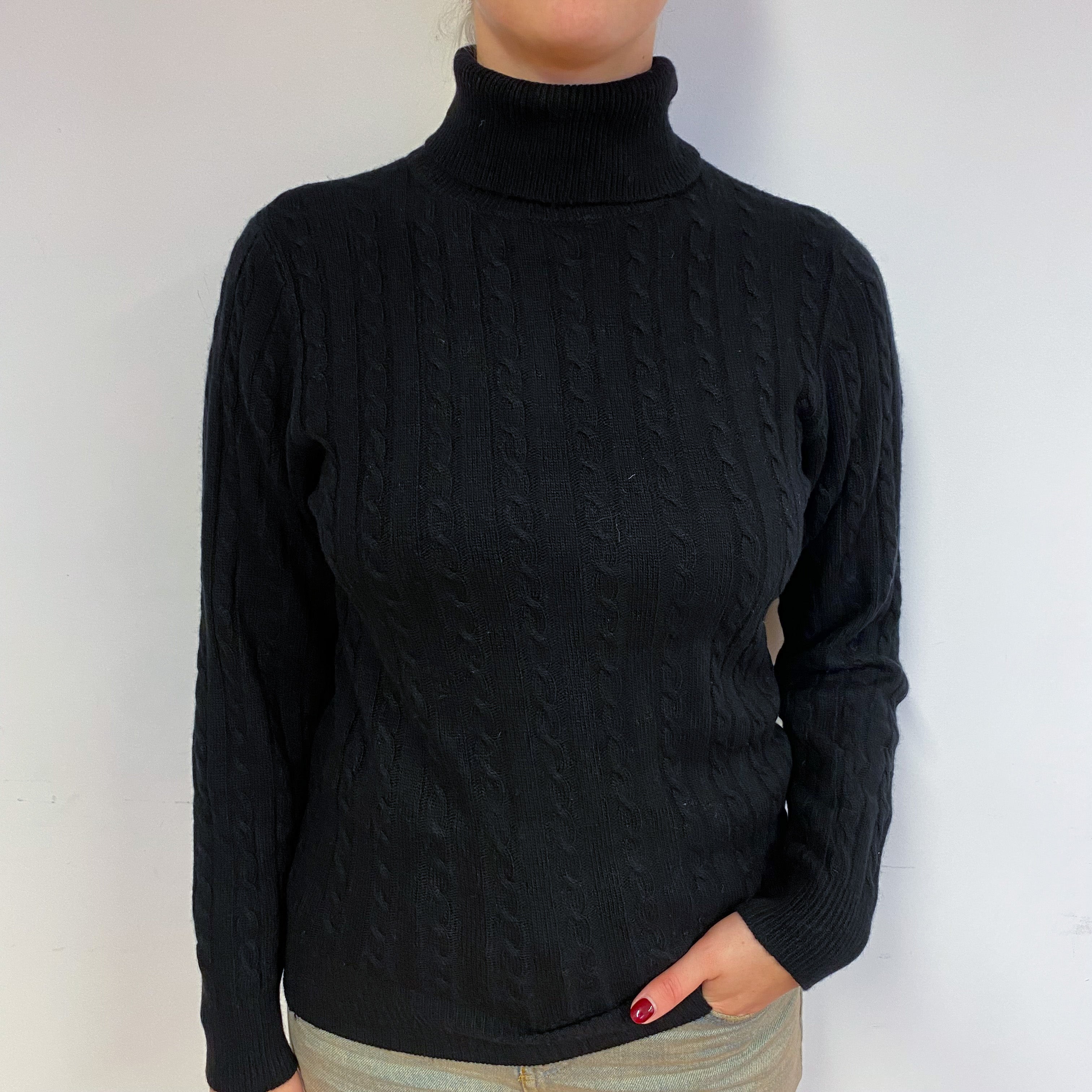 Black Cable Cashmere Polo Neck Jumper Small