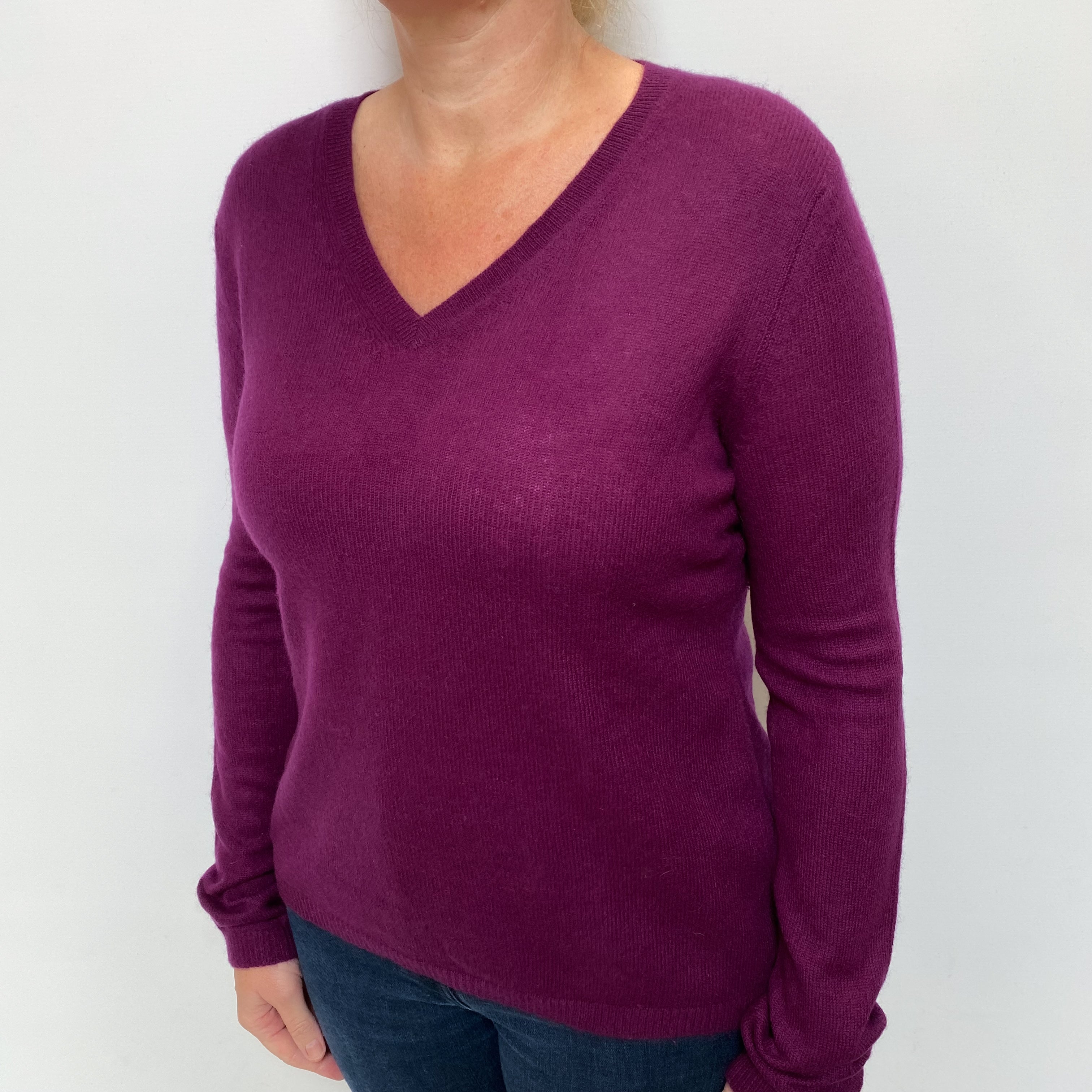 Plum Purple Cashmere V Neck Jumper Large