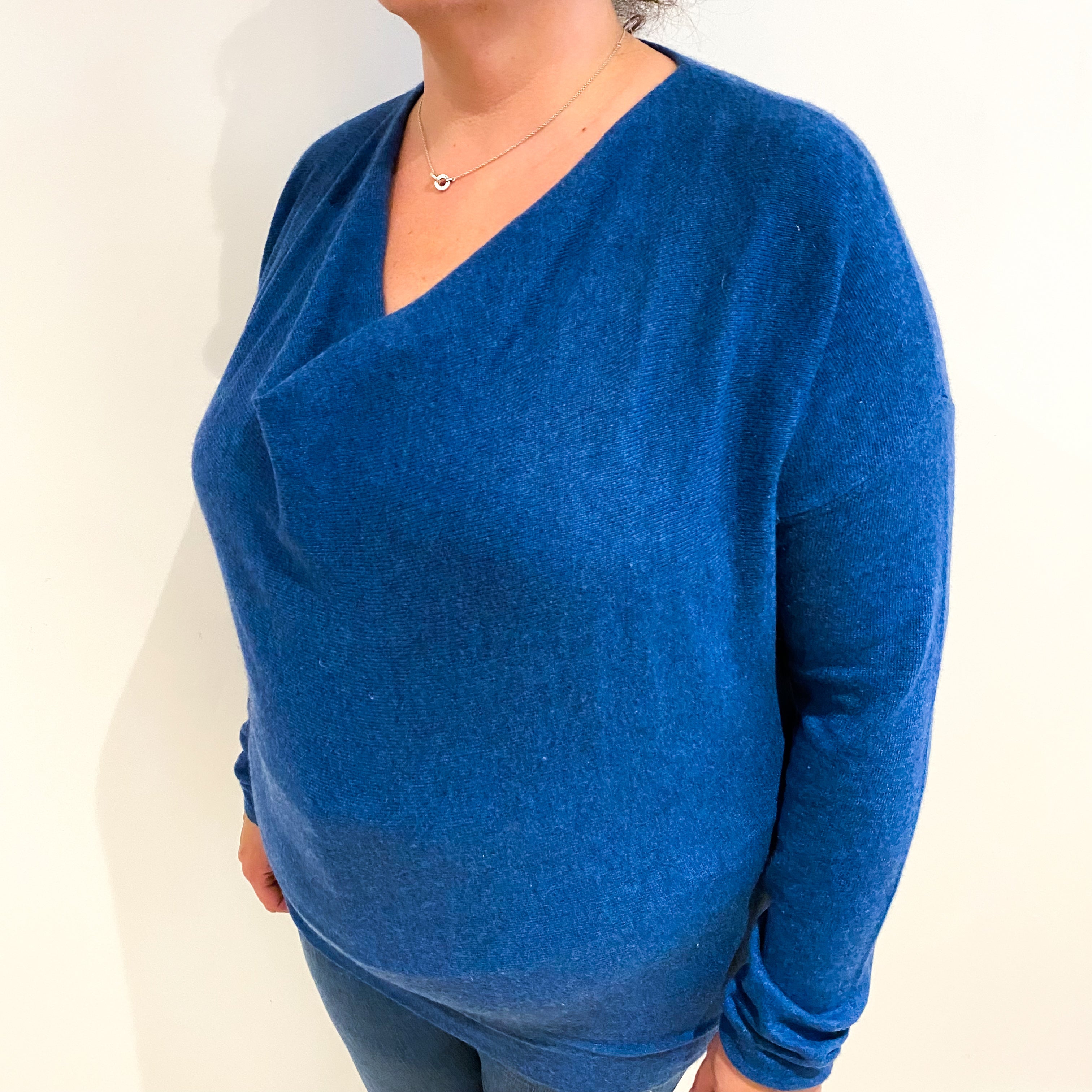 Deep Ocean Blue Cashmere Batwing Drape Neck Jumper Extra Large