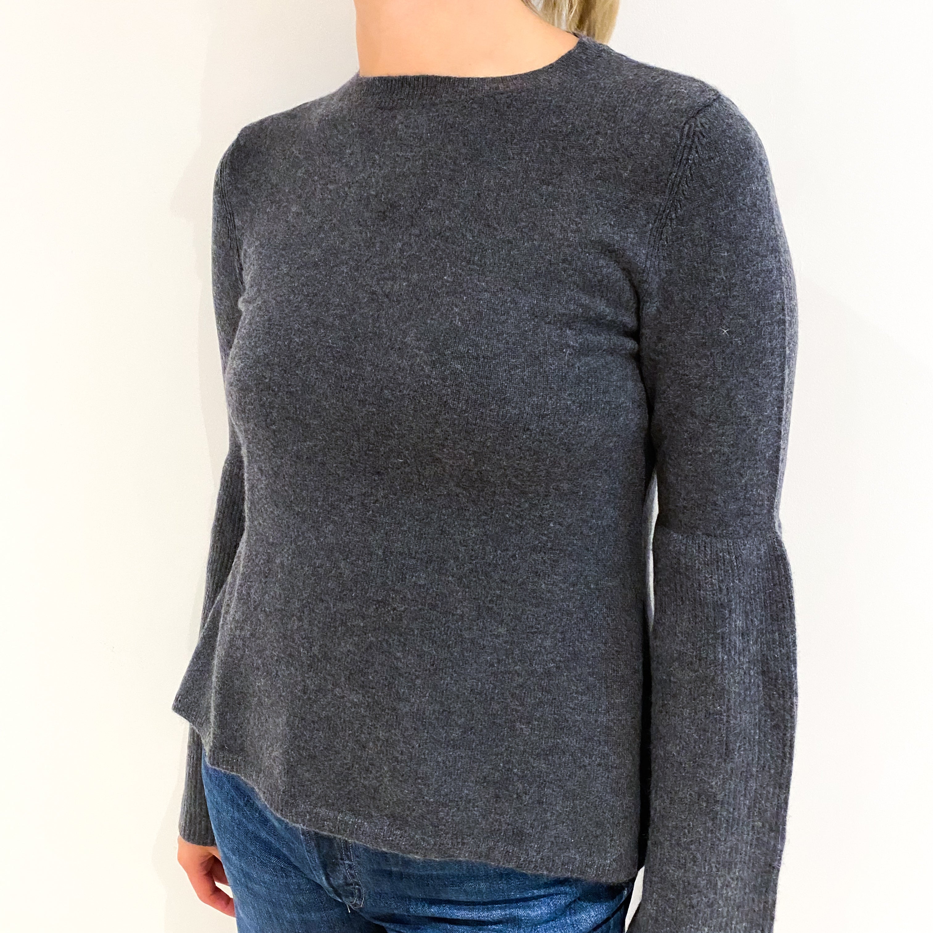 Slate Grey Funnel Sleeve Cashmere Crew Neck Jumper Small