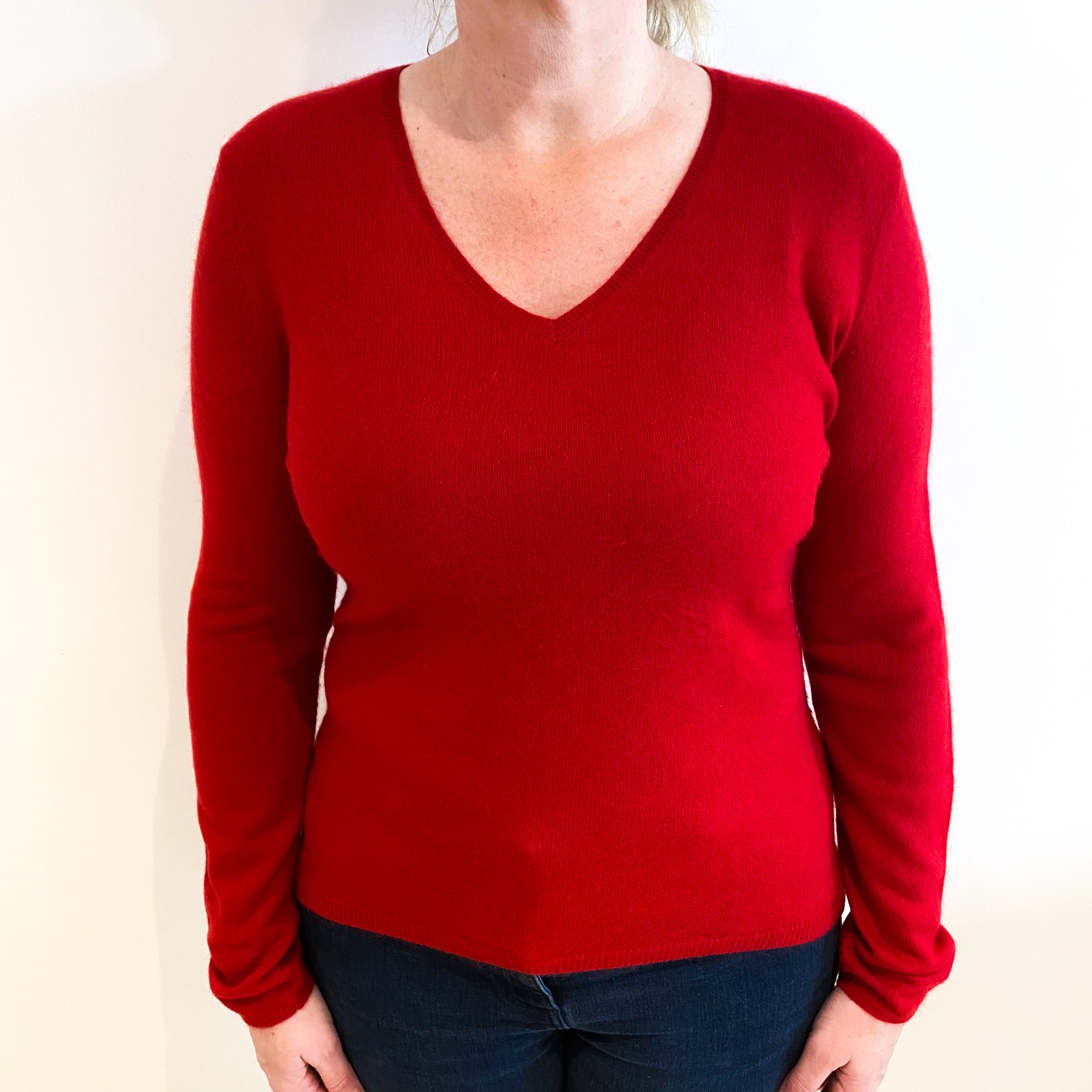 Post Box Red Cashmere V Neck Jumper Large