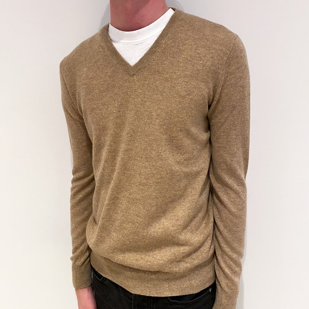 Men's Biscuit Brown Cashmere V-Neck Jumper Small
