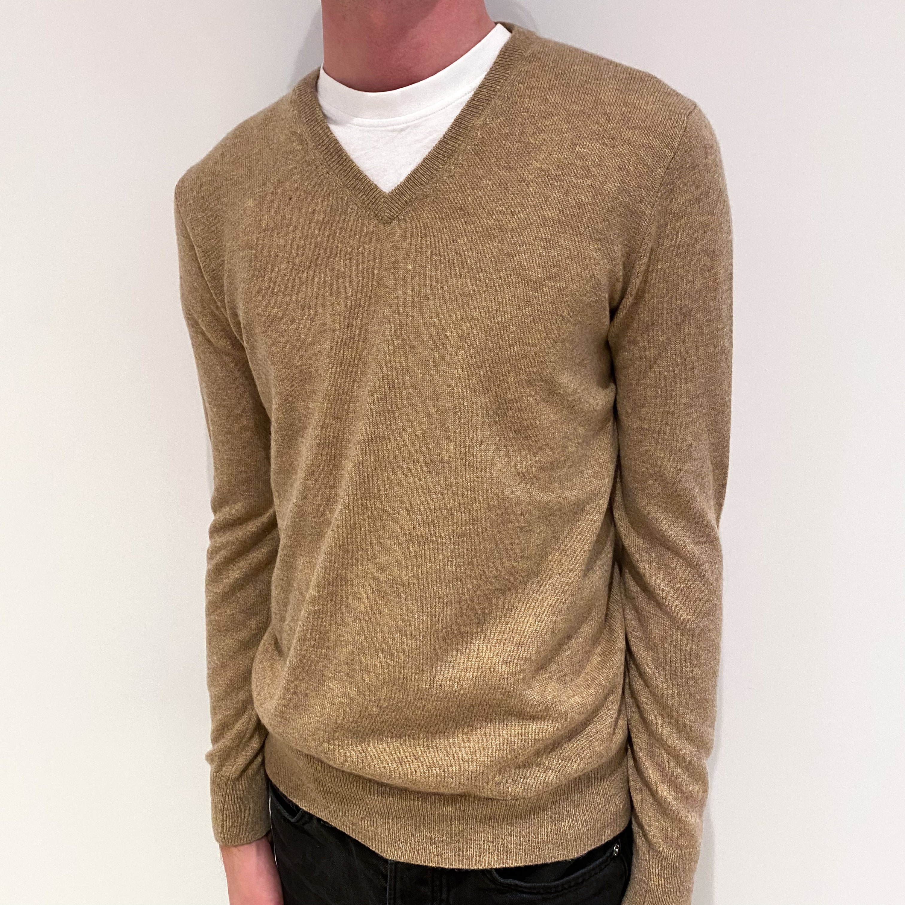 Men's Biscuit Brown Cashmere V-Neck Jumper Small