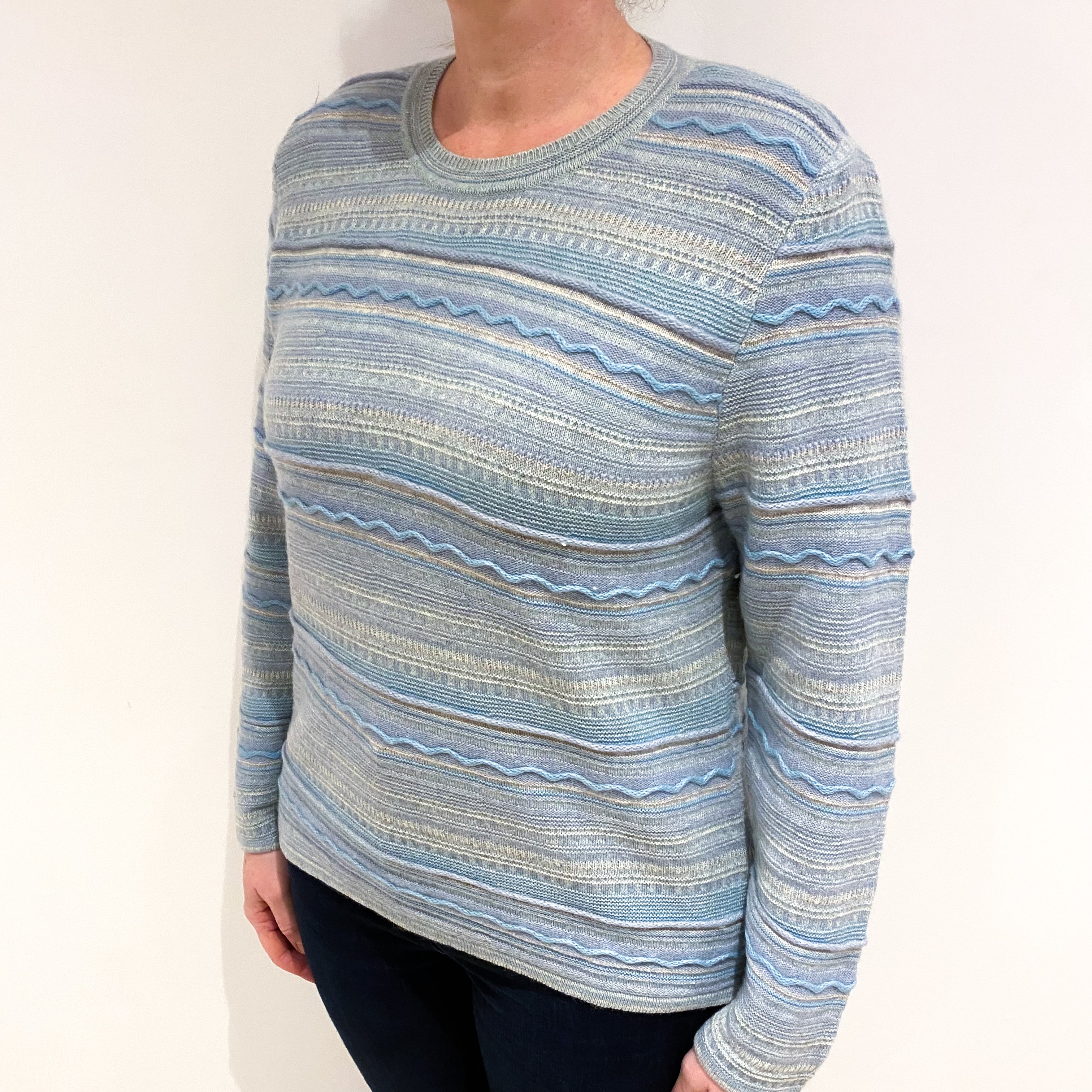 Dusty Blue Textured Stripe Cashmere Crew Neck Jumper Large