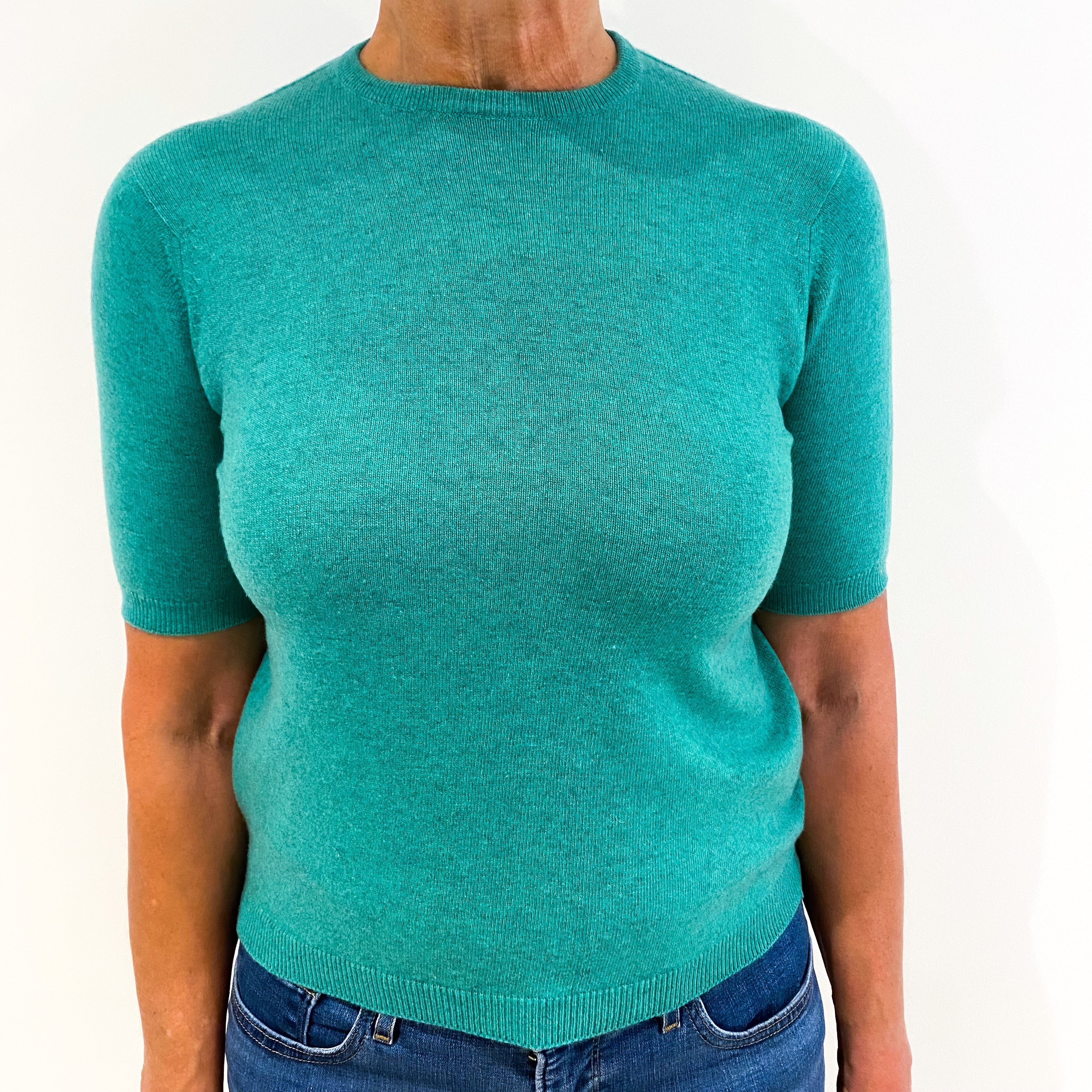 Scottish Vintage Jade Green Short Sleeved Cashmere Jumper Medium