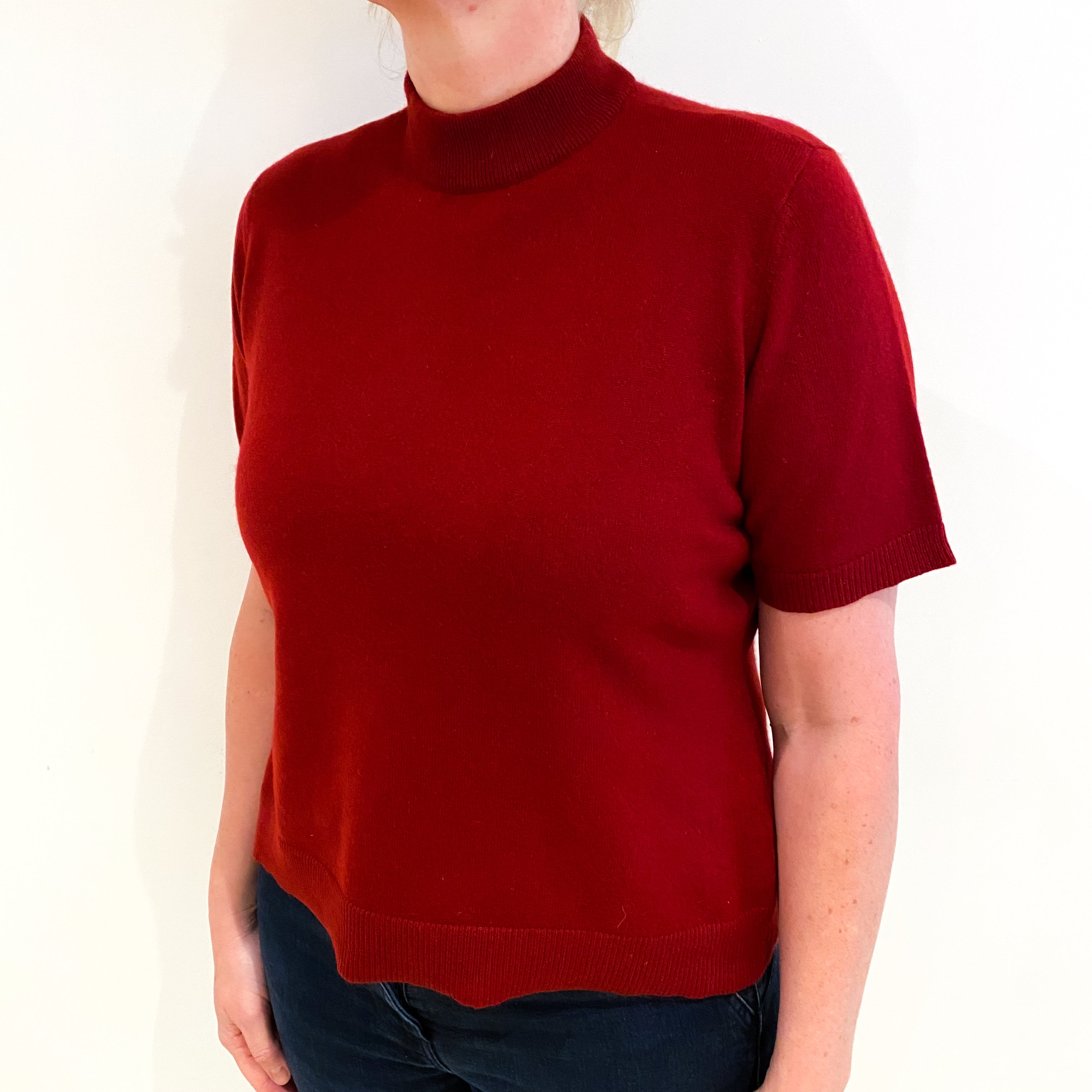 Deep Red Cashmere Turtle Neck Short Sleeved Jumper Large