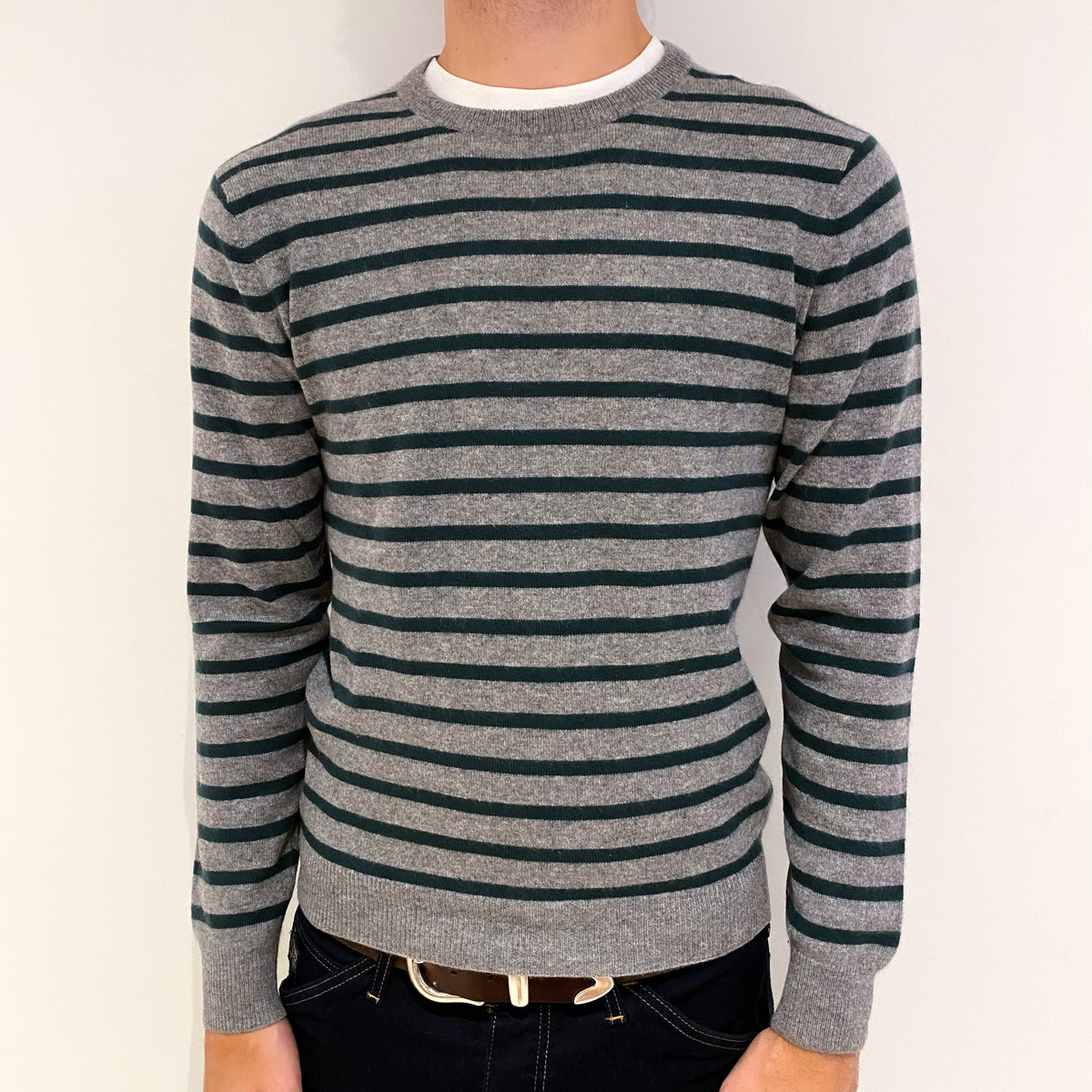 Men's Grey and Green Stripe Cashmere Crew Neck Jumper Medium