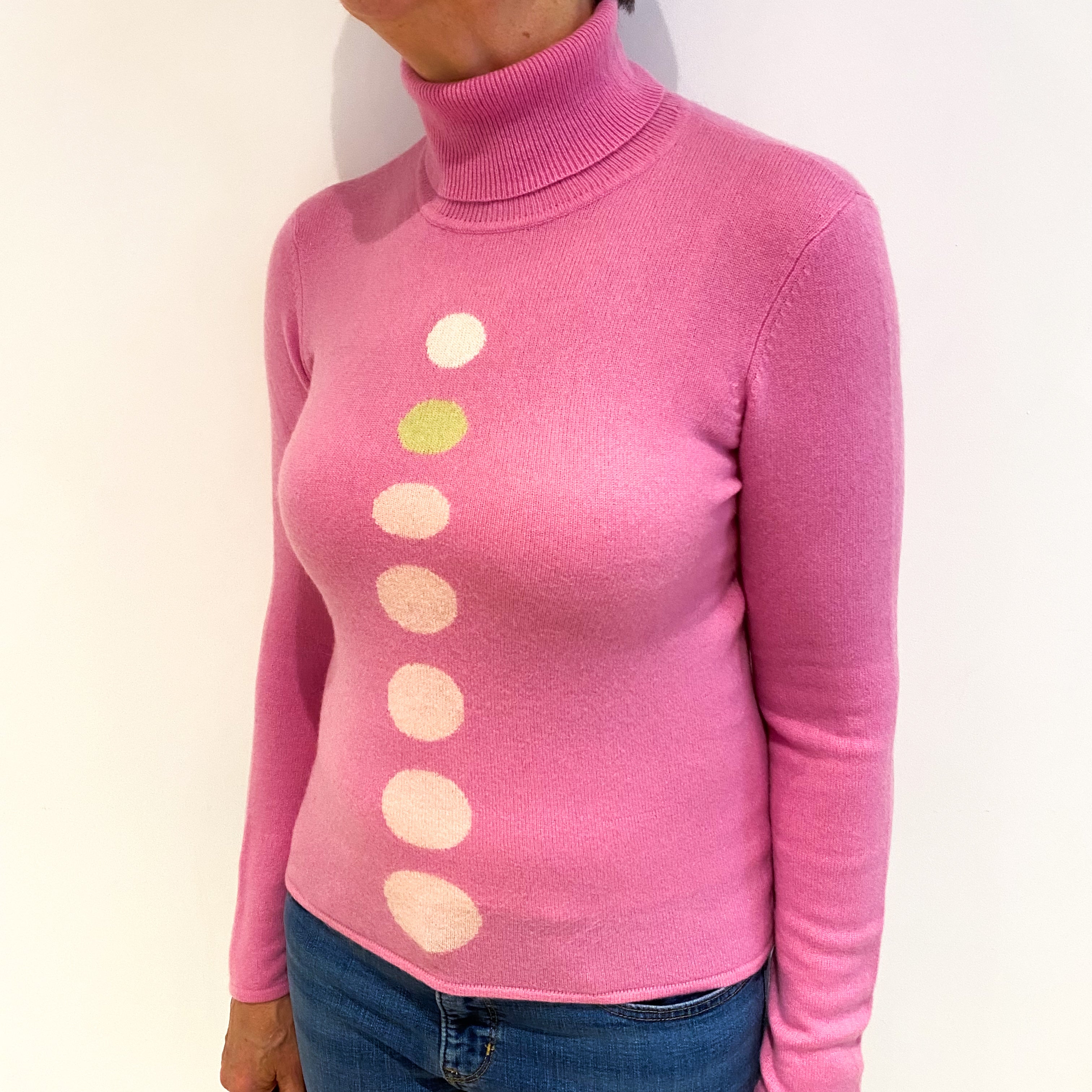 Bubblegum Pink With Dots Cashmere Polo Neck Jumper Medium