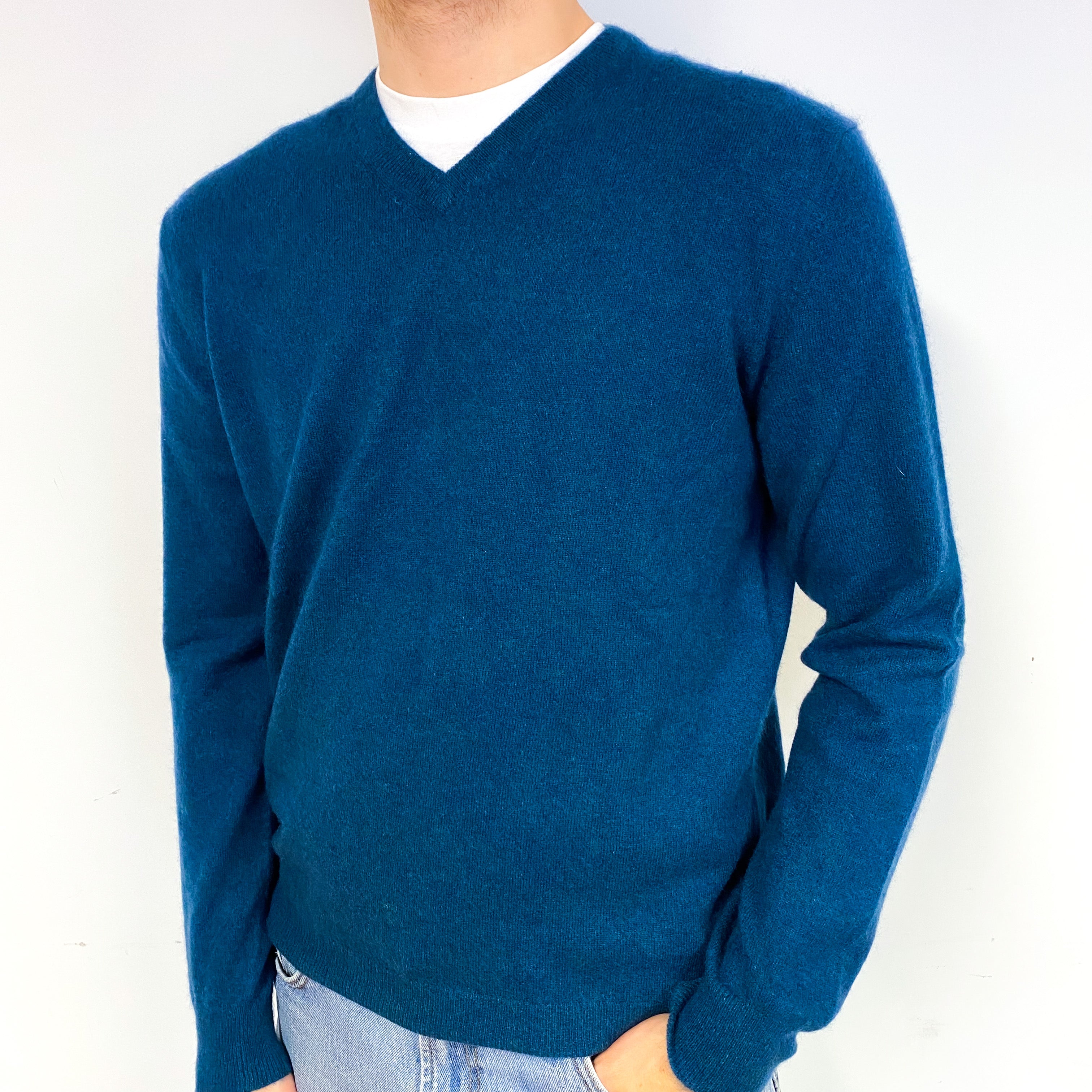 Men's Teal Blue Cashmere V-Neck Jumper Medium