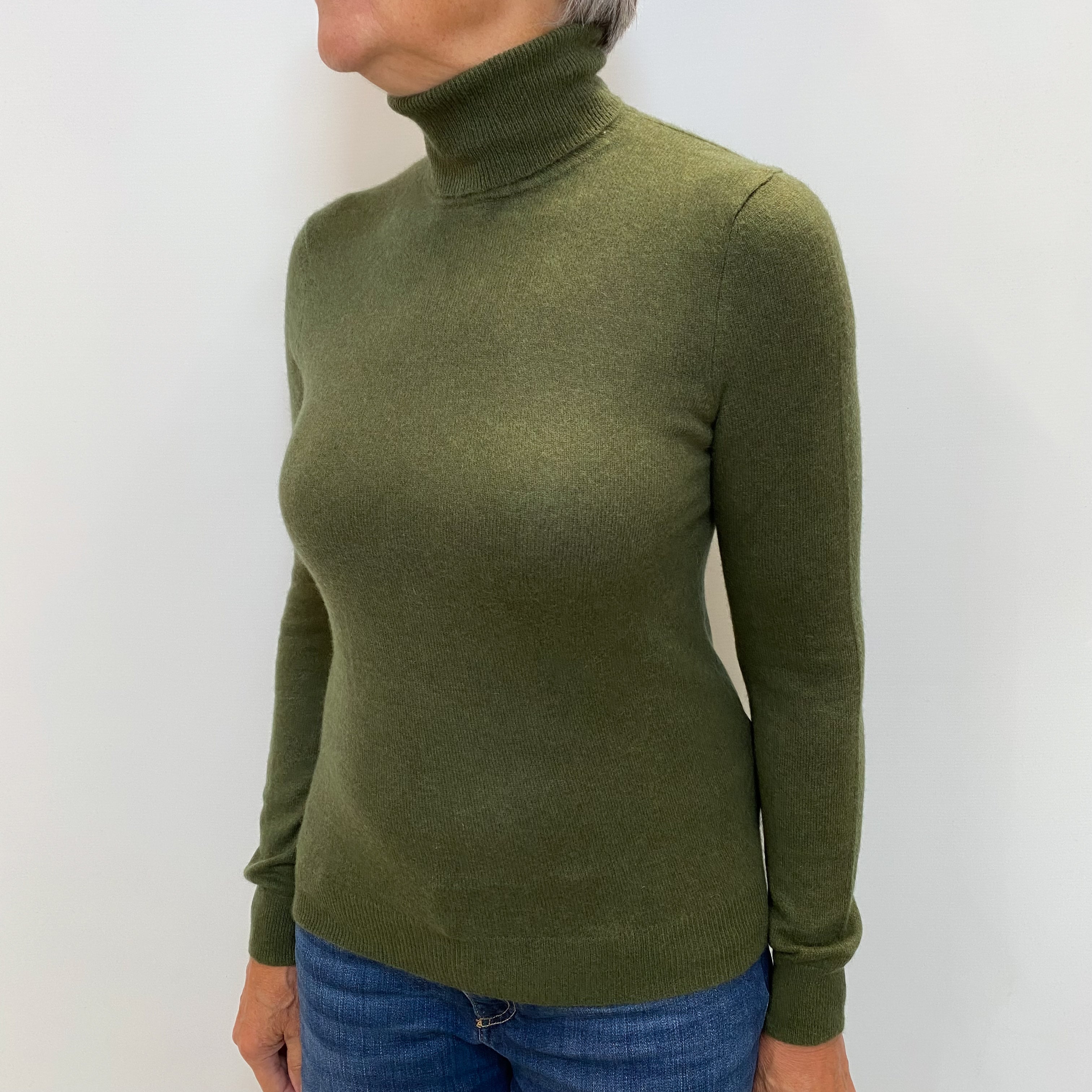 Spruce Green Cashmere Polo Neck Jumper Medium