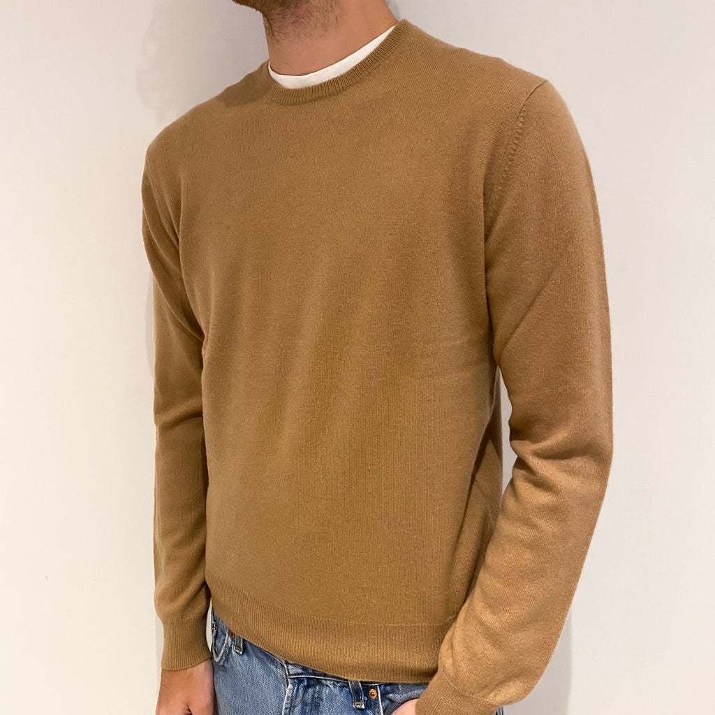 Men's Camel Brown Cashmere Crew Neck Jumper Large