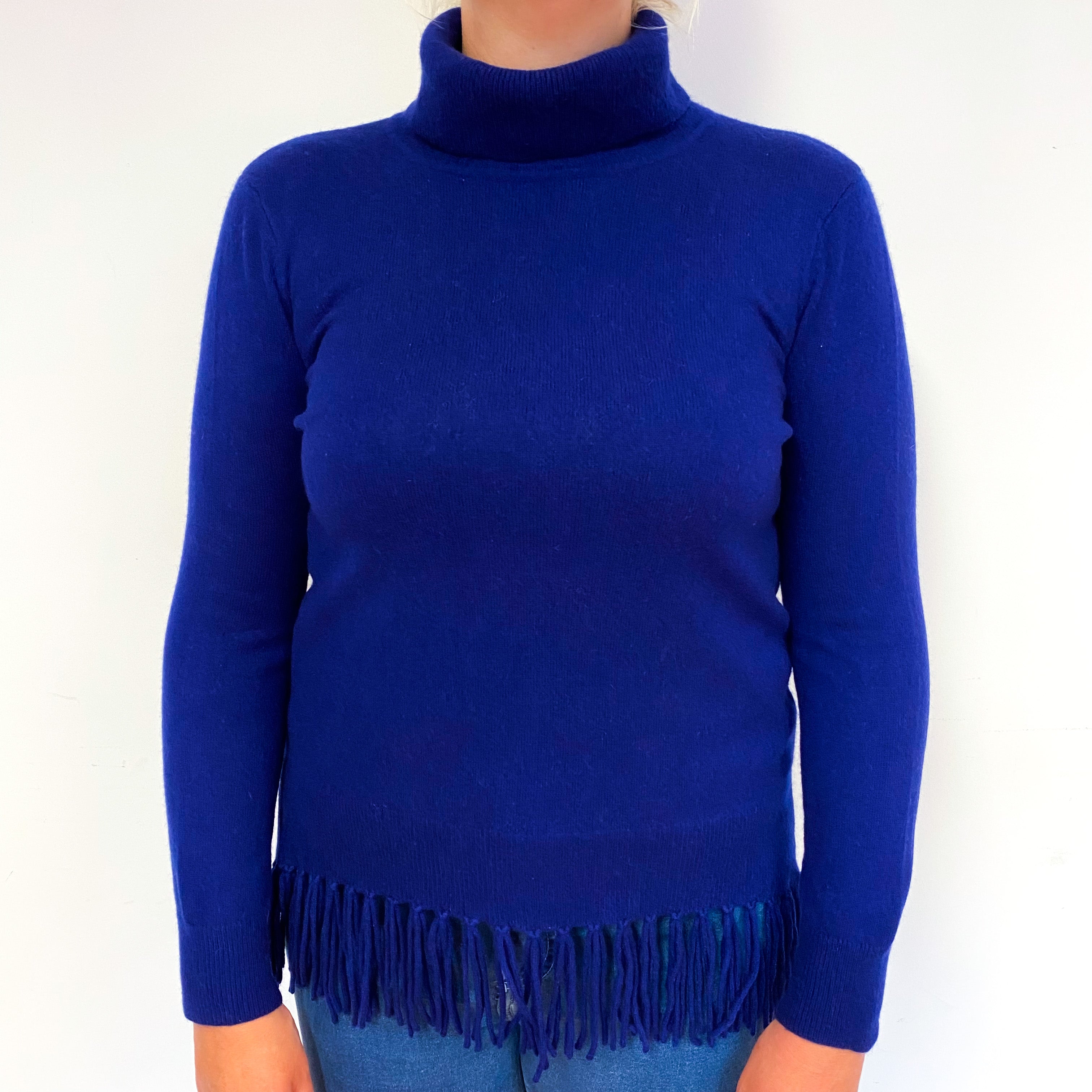 Indigo Blue Tassel Hem Cashmere Polo Neck Jumper Large