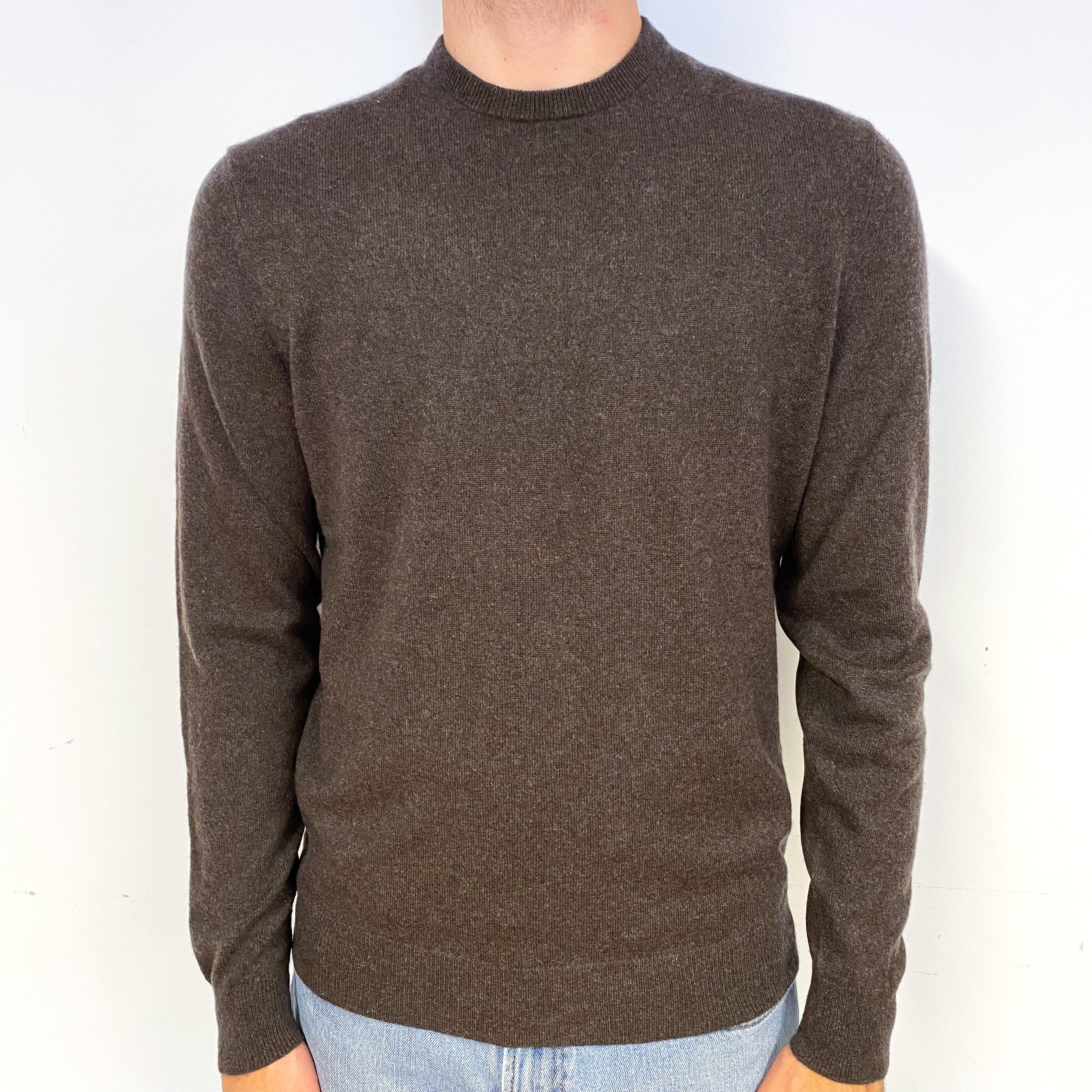 Men's Mole Brown Cashmere Crew Neck Jumper Medium