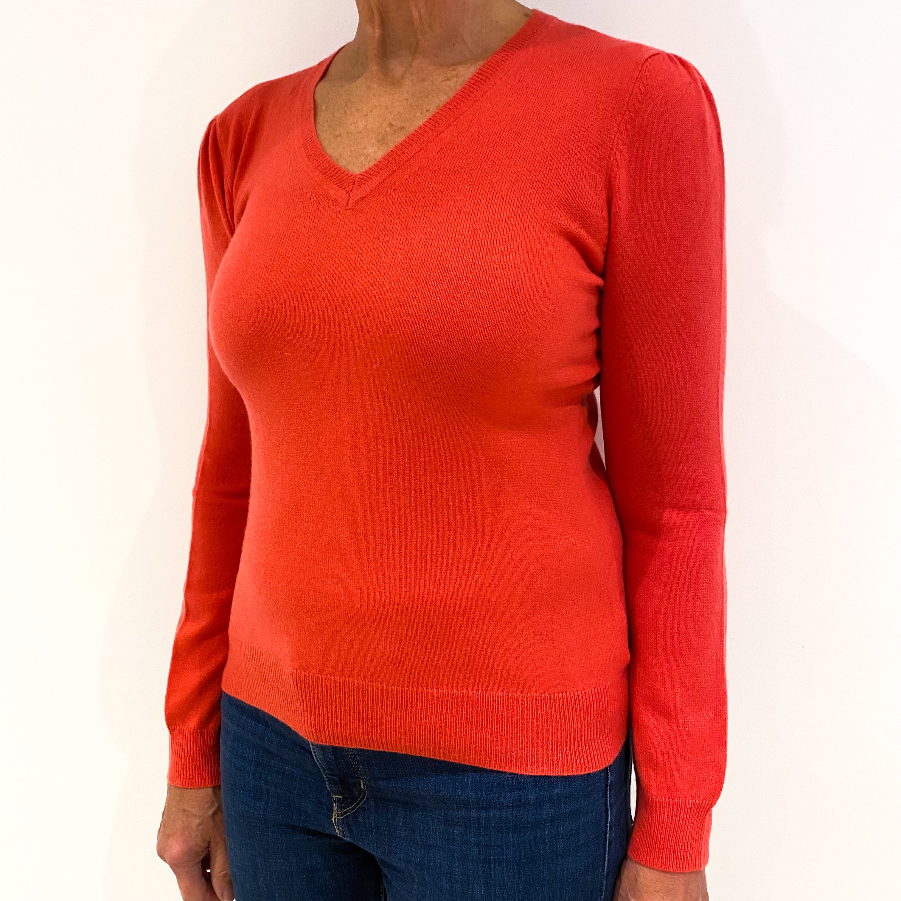 Bright Coral Pink Cashmere V-Neck Jumper Medium