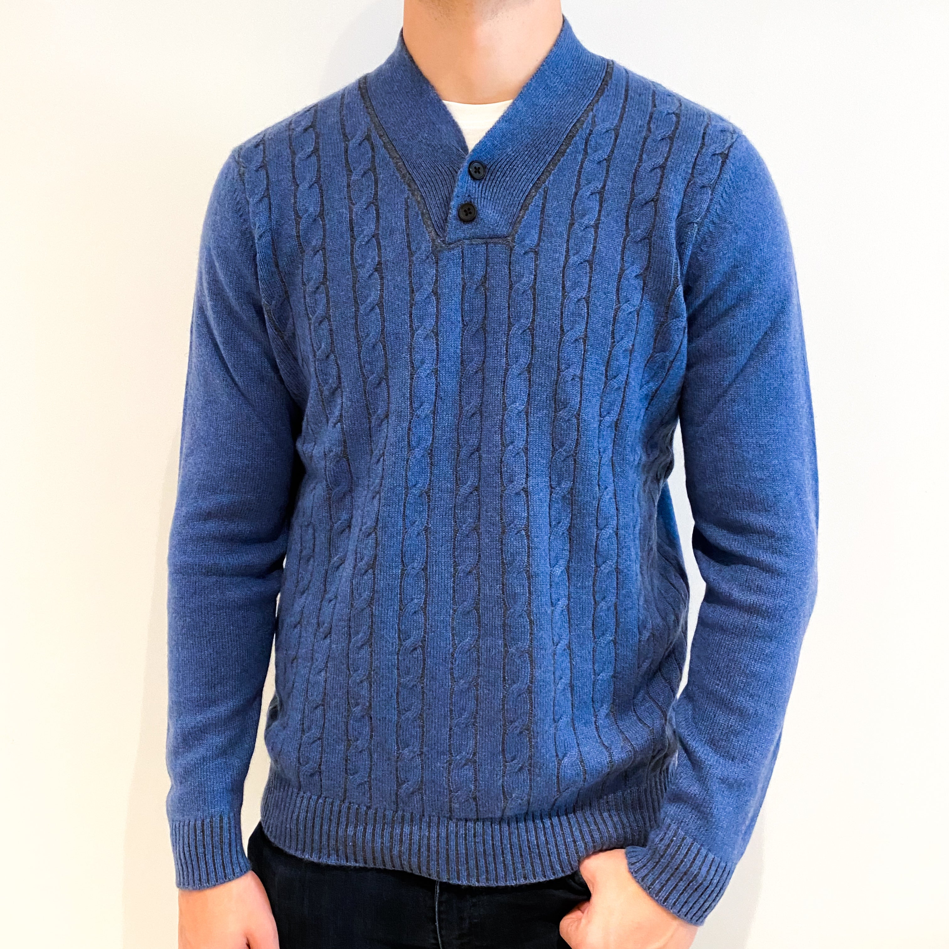 Men's Denim Blue Cable Cashmere Buttoned V-Neck Jumper Extra Large