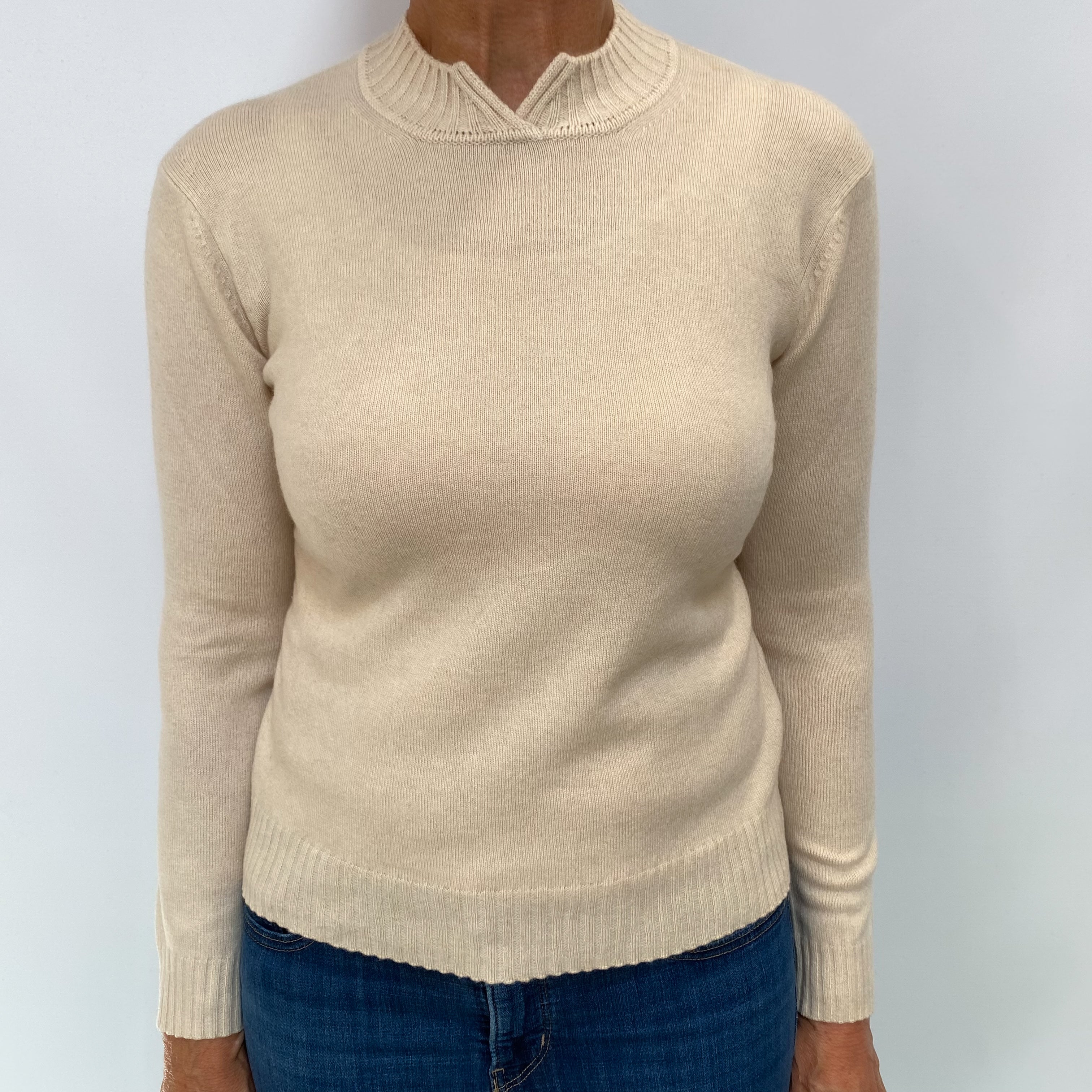 Soft Beige Cashmere Split Turtle Neck Jumper Medium