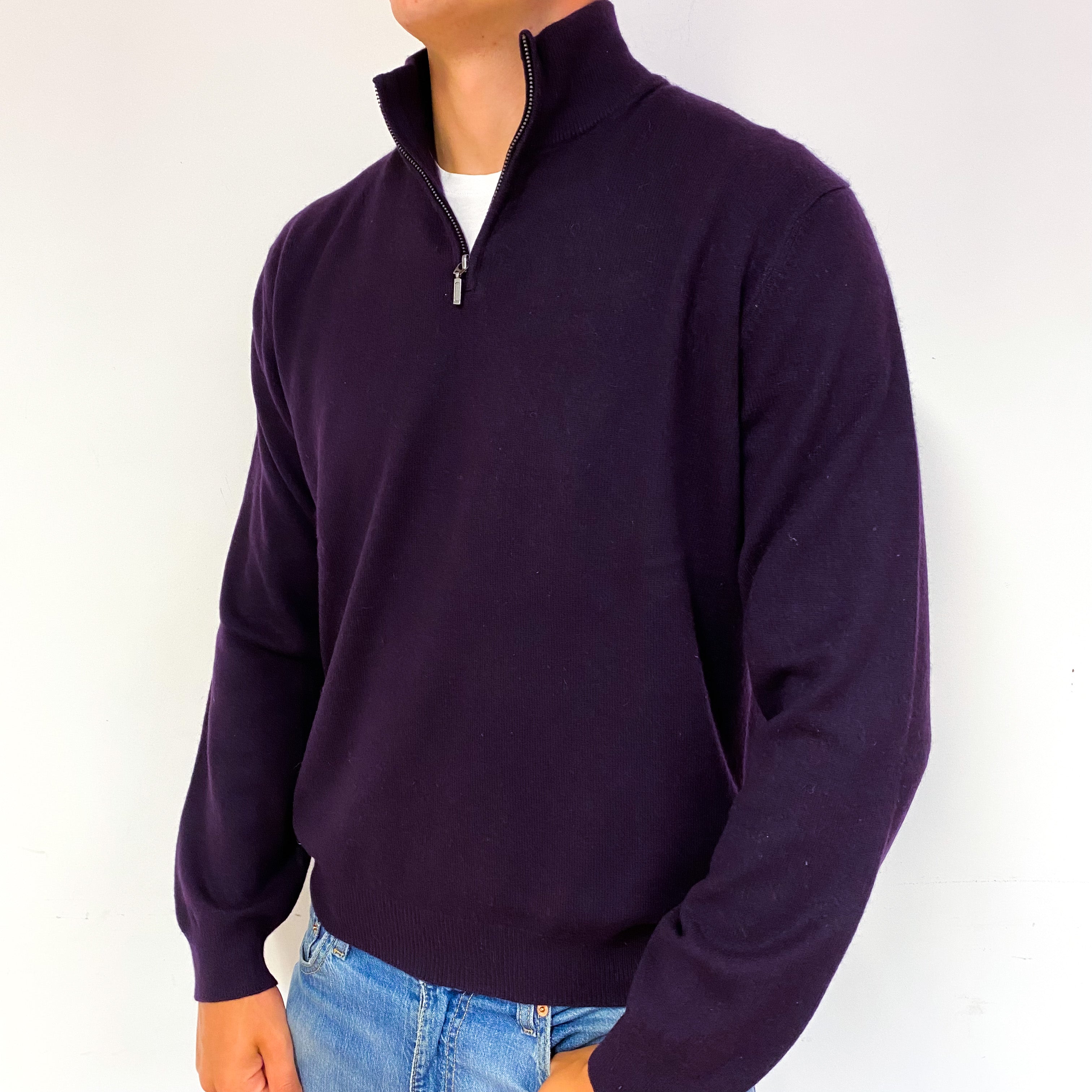 Men's Blueberry Purple Cashmere 1/4 Zip Jumper Extra Large