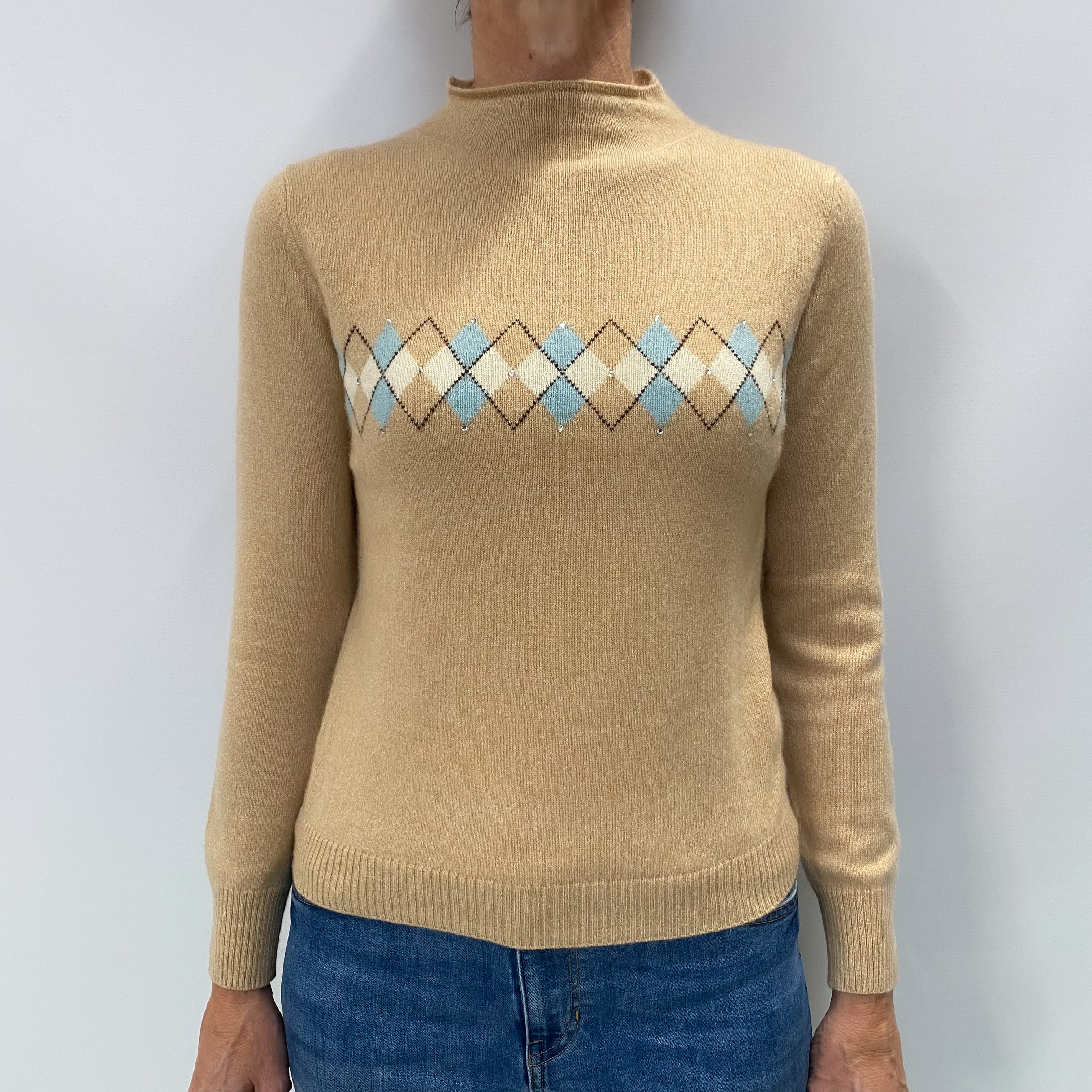 Caramel Brown Cashmere Funnel Neck Jumper Small