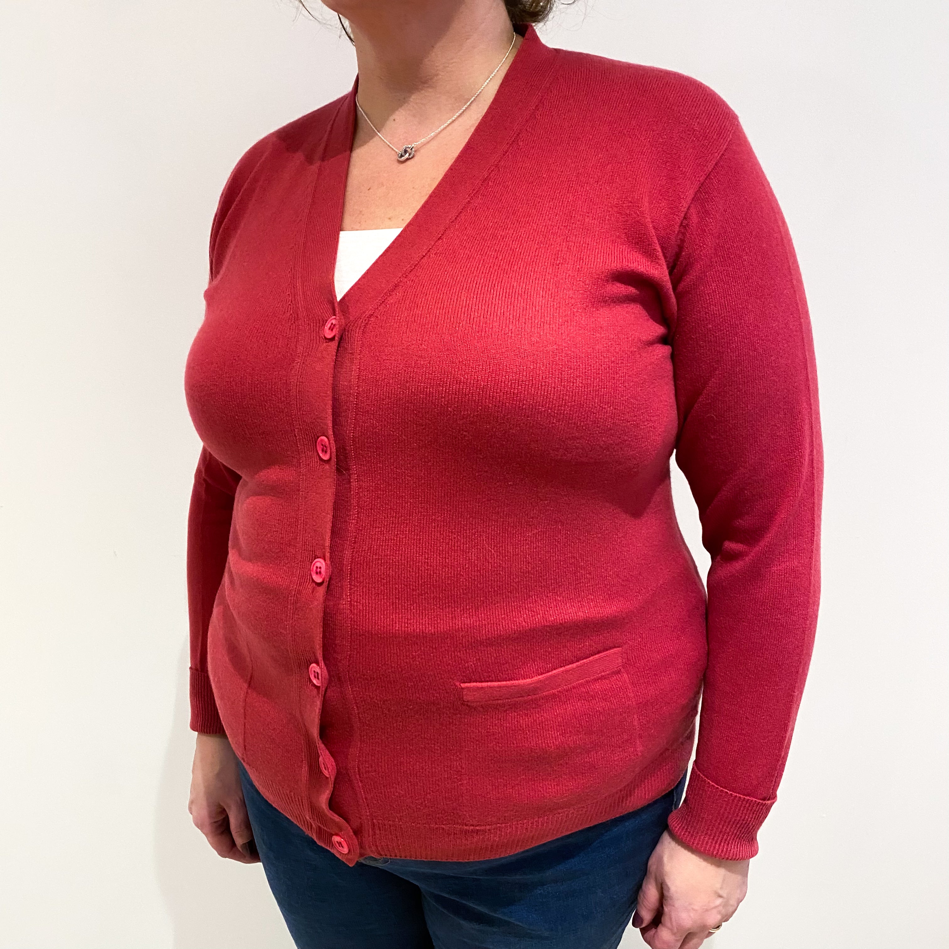 Raspberry Pink Cashmere V Neck Cardigan with Pockets Extra Large