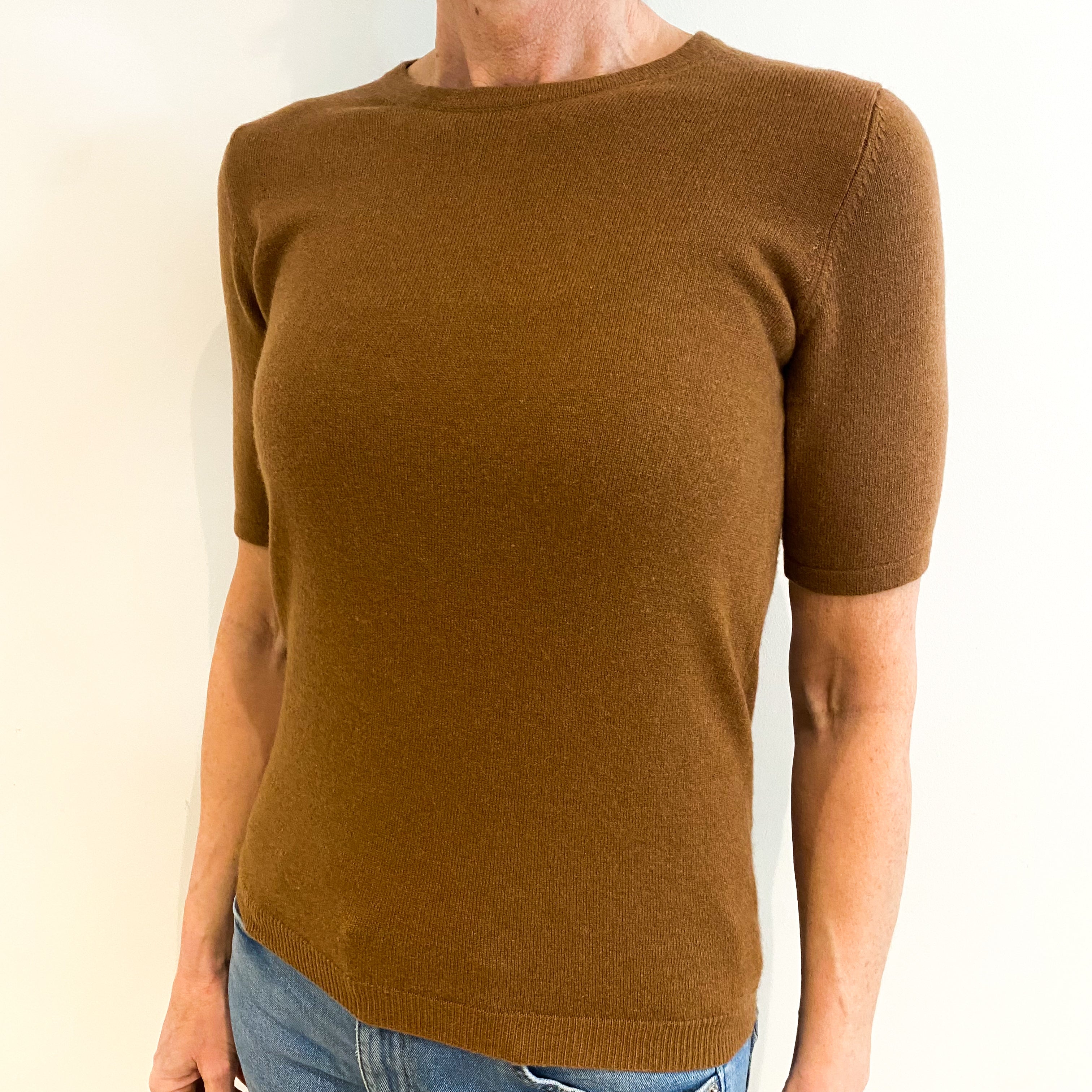 Cinnamon Brown Cashmere Crew Neck Short Sleeved Jumper Small