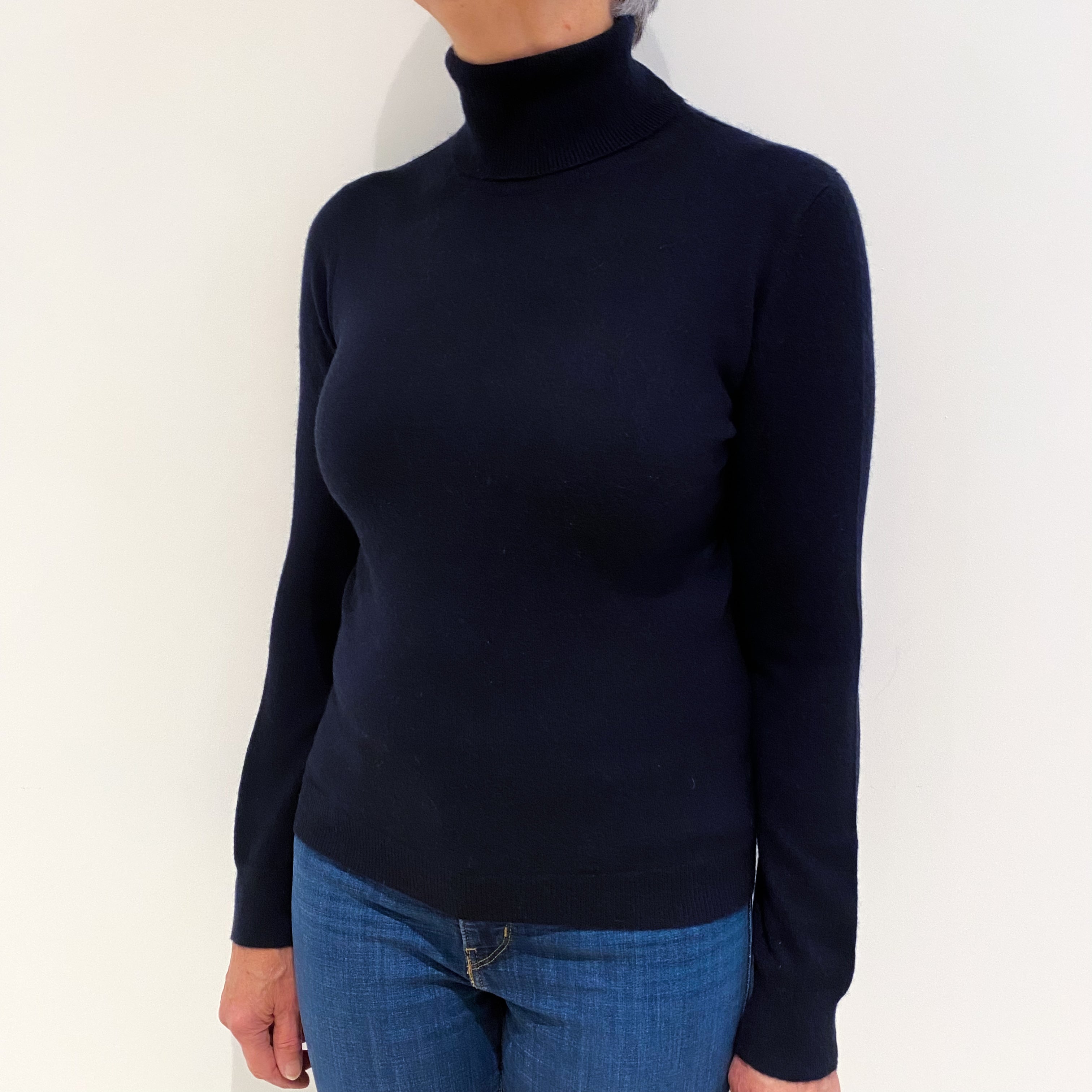 Navy Blue Cashmere Polo Neck Jumper Medium