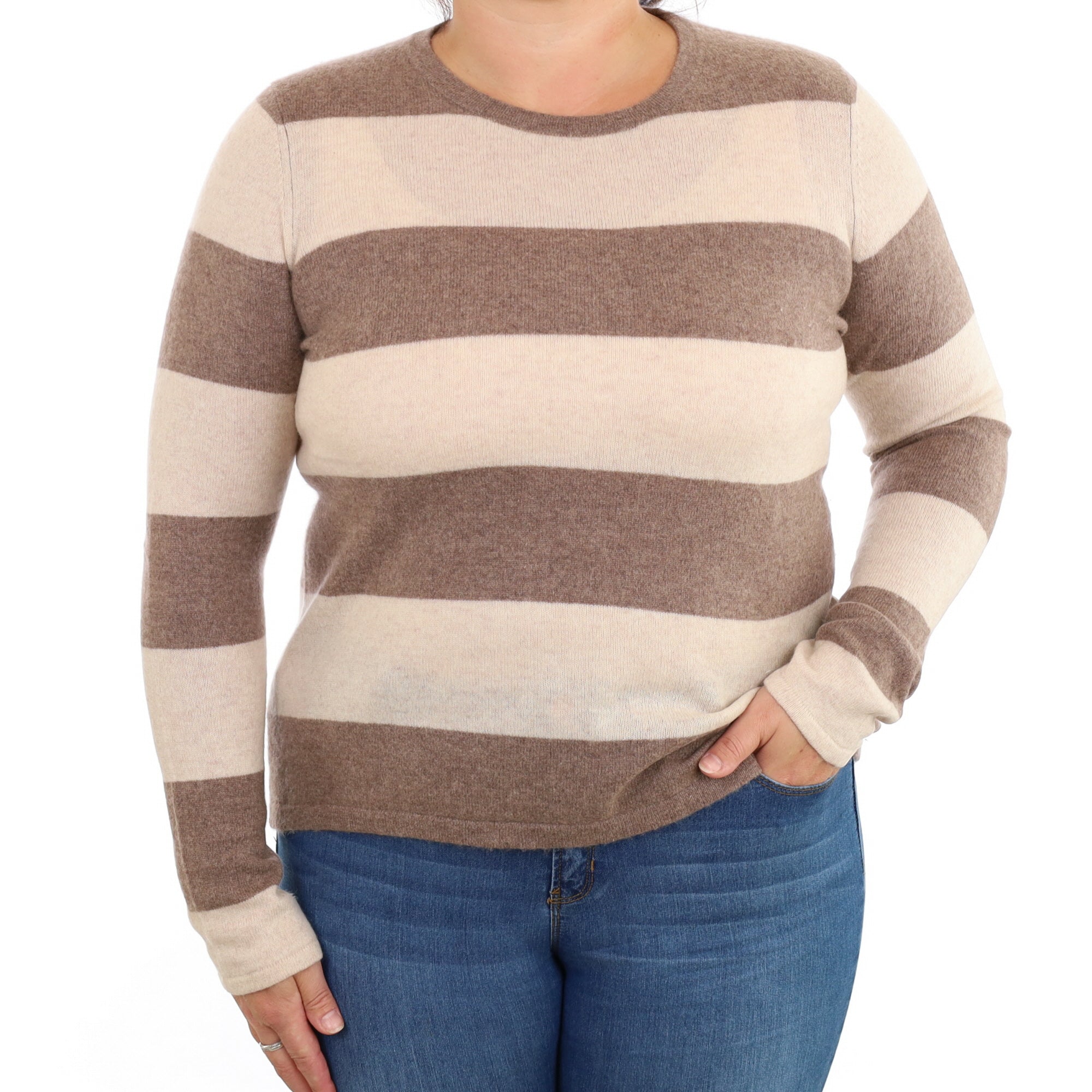 Fudge Brown Striped Cashmere Crew Neck Jumper Large