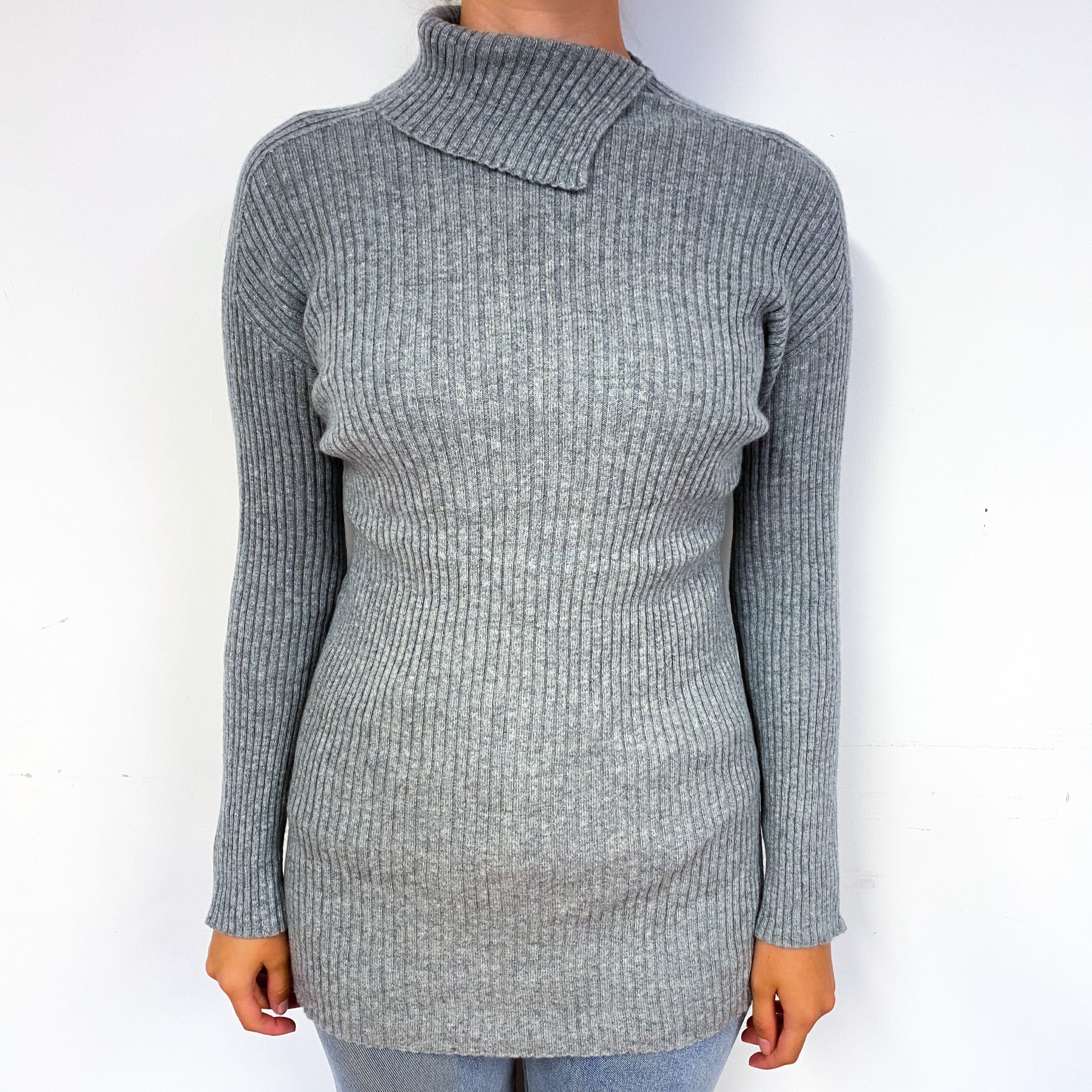 Steel Grey Skinny Rib Cashmere Polo Neck Jumper Small