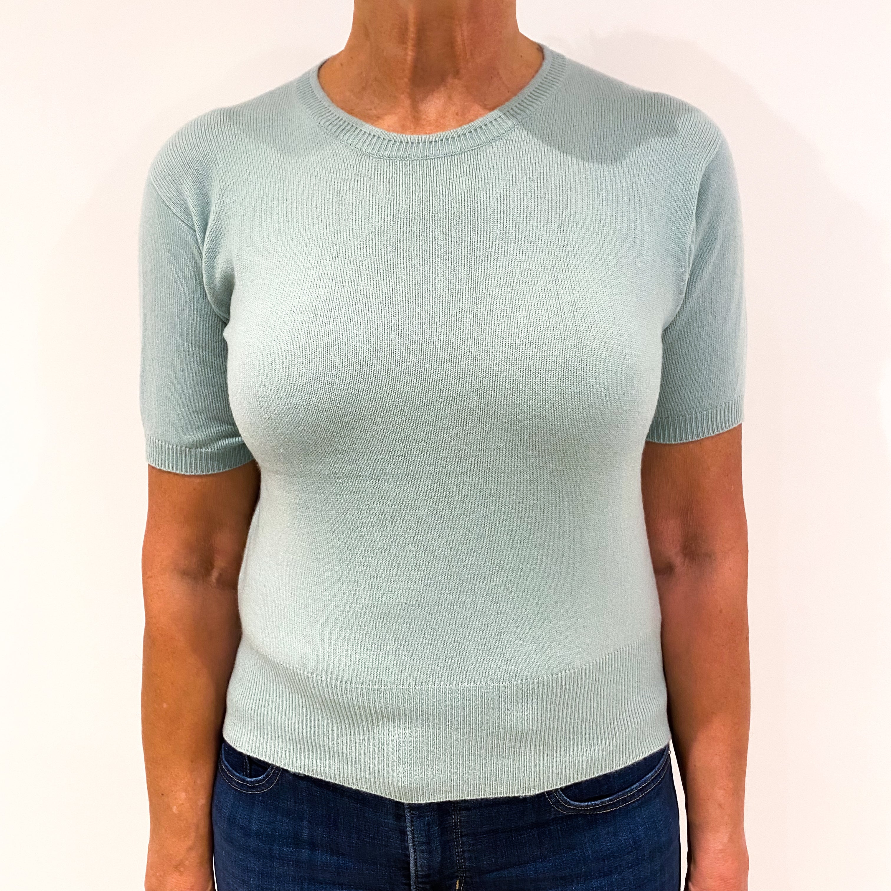 Mint Green Short Sleeved Cashmere Crew Neck Jumper Medium