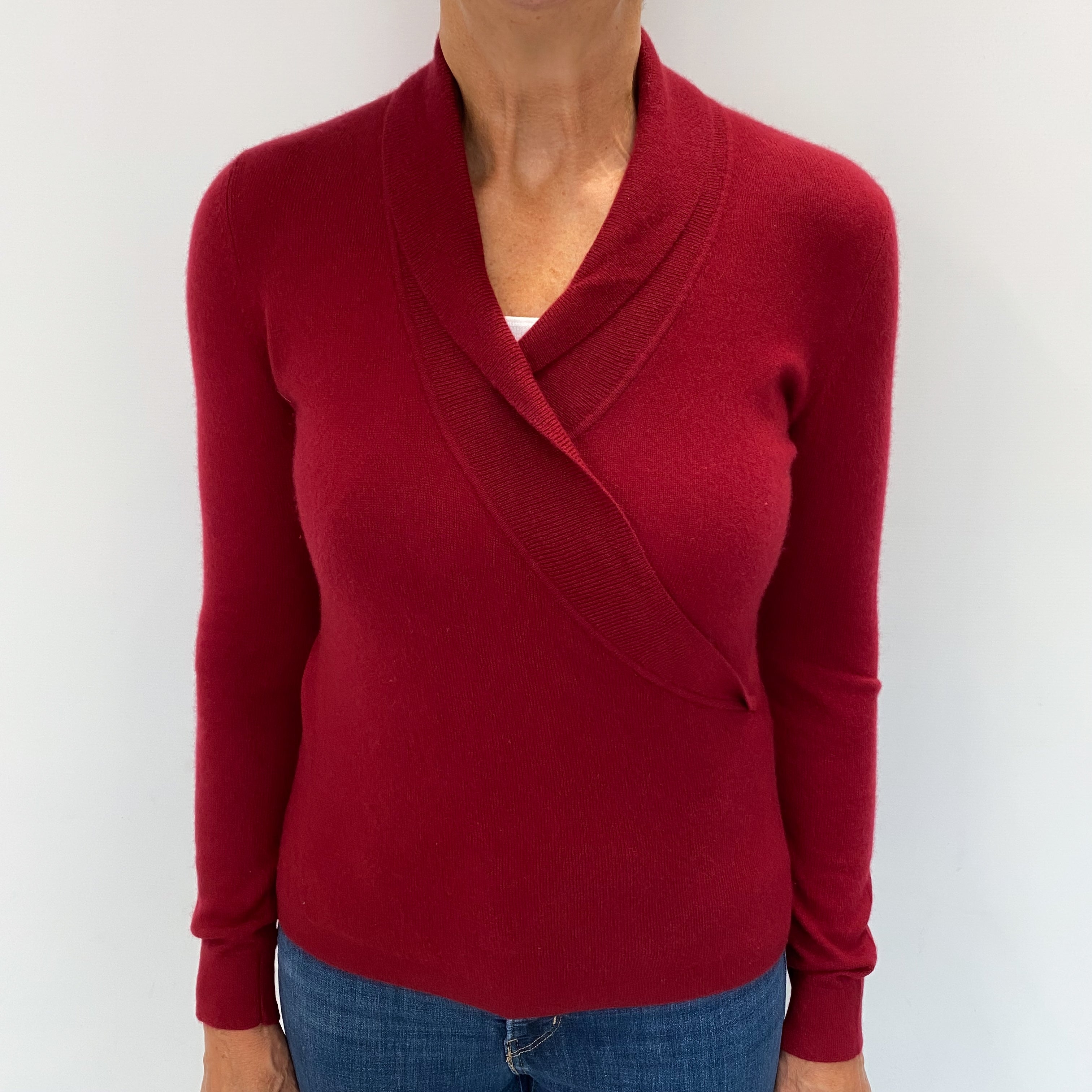 Crimson Red Cashmere Cross Over V Neck Jumper Medium