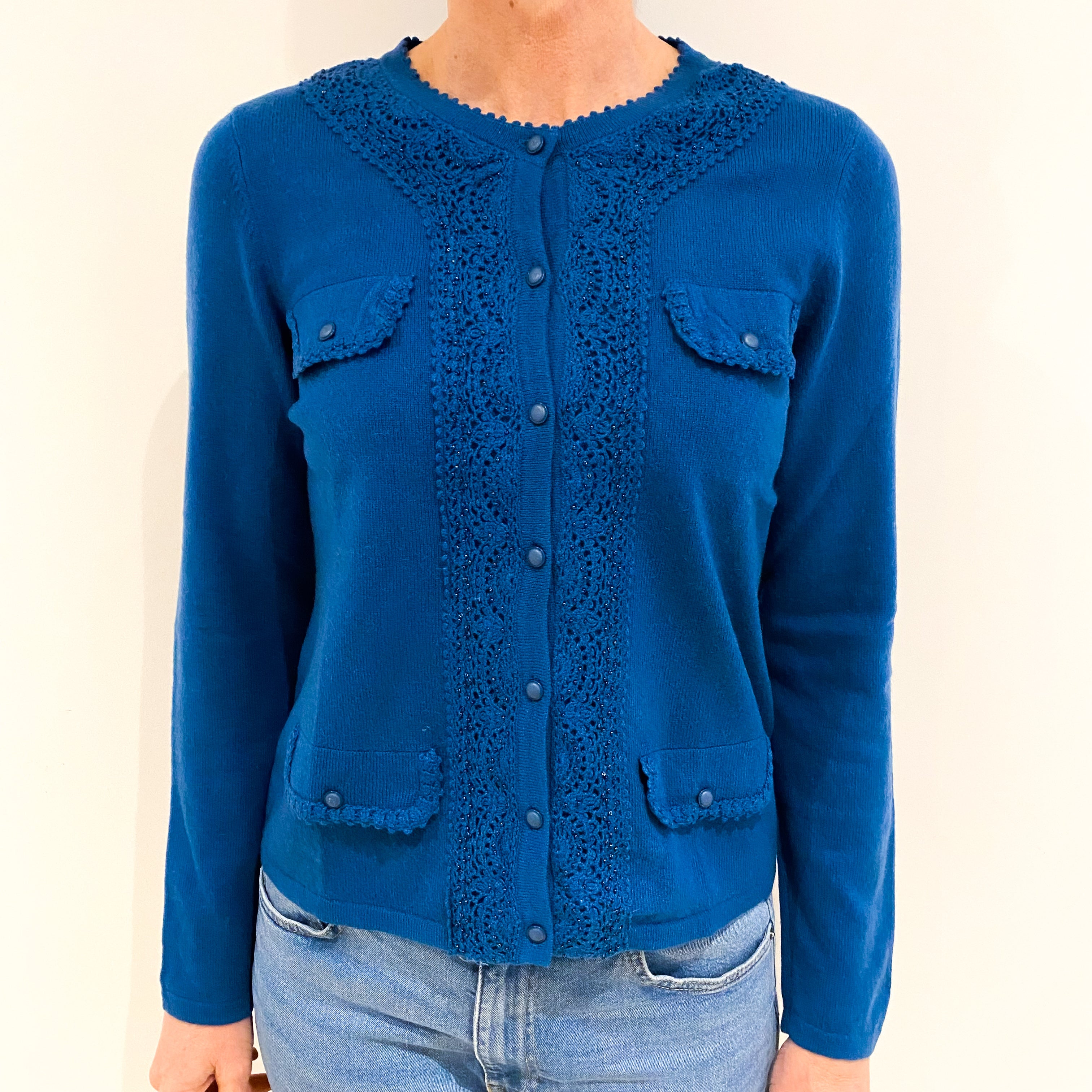 Deep Sea Blue Beaded Cashmere Crew Neck Cardigan Small