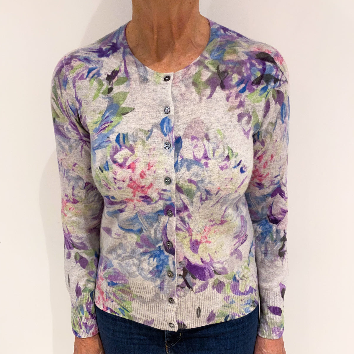 Pure Collection Grey and Floral Pattern Cashmere Crew Neck Cardigan Medium