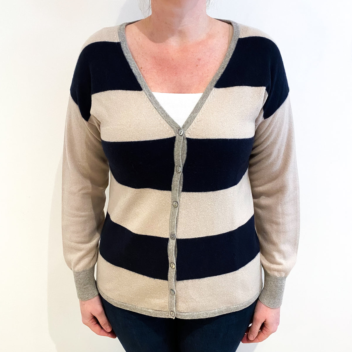 Navy and Beige Striped Cashmere V Neck Cardigan Large